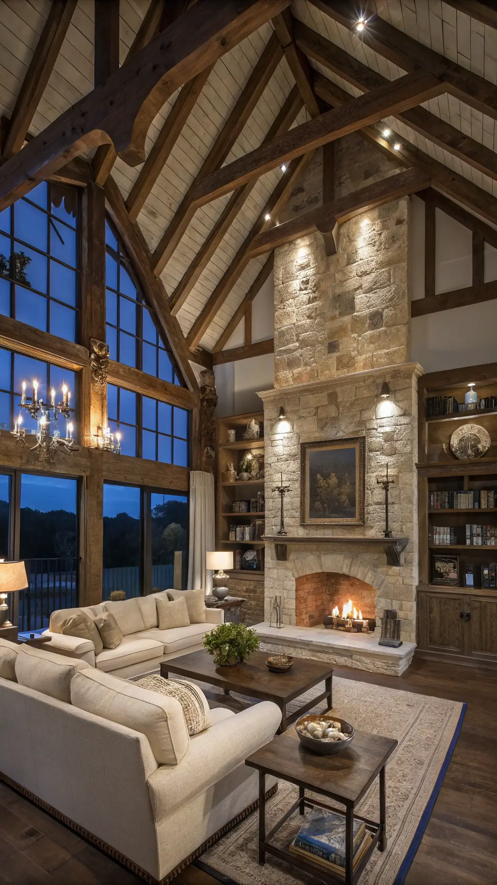 spacious living room with dark timber cathedral ceiling, limestone fireplace, built-in shelves with ceramics and books, cream sofas, reclaimed wood coffee table during blue hour