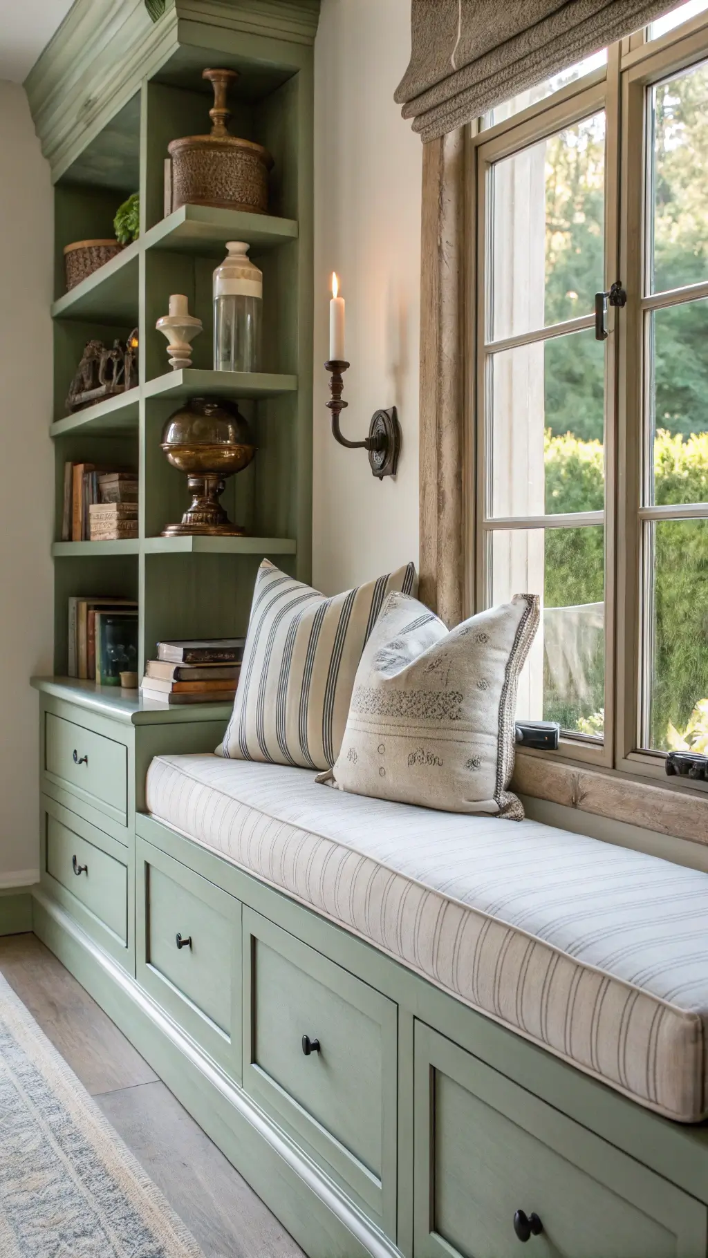cozy window seat with sage green storage drawers, cushioned bench with striped pillows, weathered oak shelves displaying vintage ironstone and brass candlesticks, linen roman shade filtering sunlight