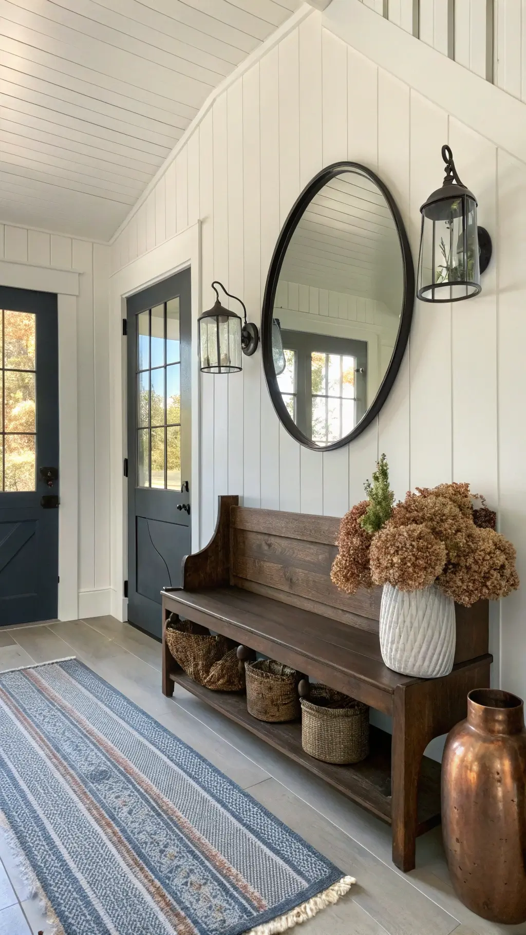 farmhouse entryway with board-and-batten walls, antique walnut bench, vintage copper vessels, dried hydrangeas, large round black metal framed mirror under directional light