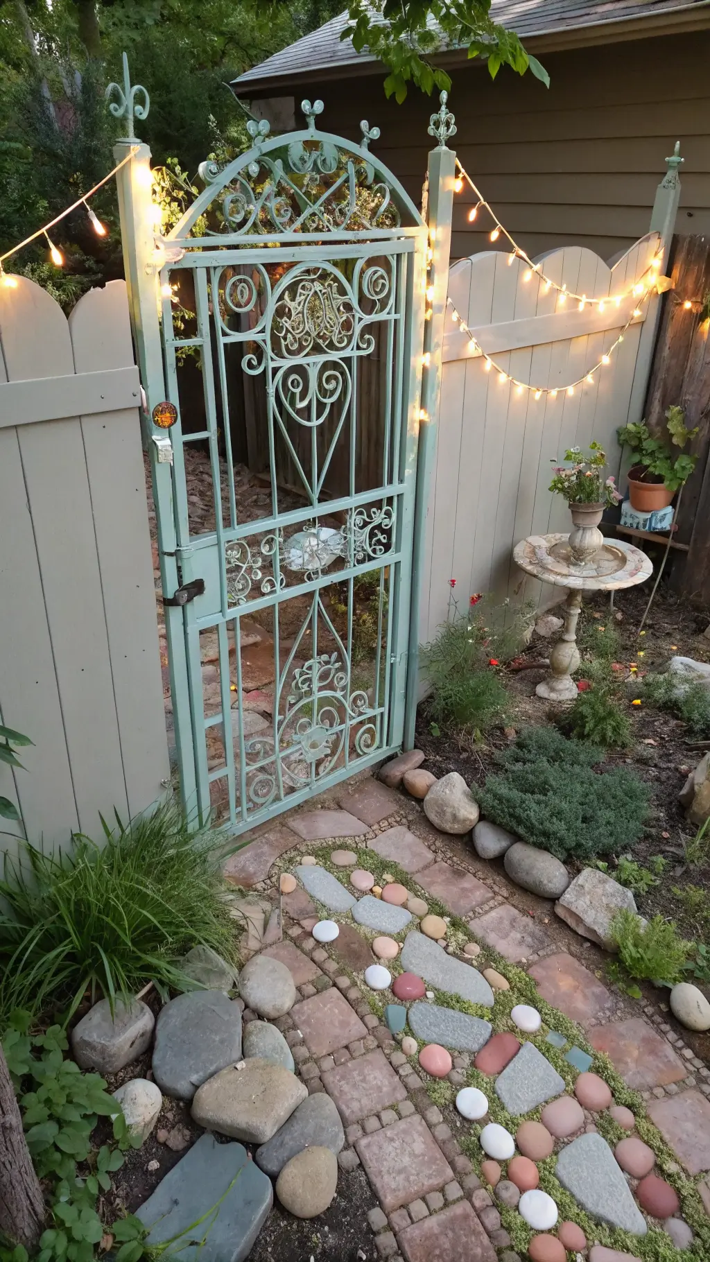 Colorful secret garden corner with vintage metal gate art, pastel birdcages with plants, hand-painted rock borders, teacup fountain, mosaic stepping stones