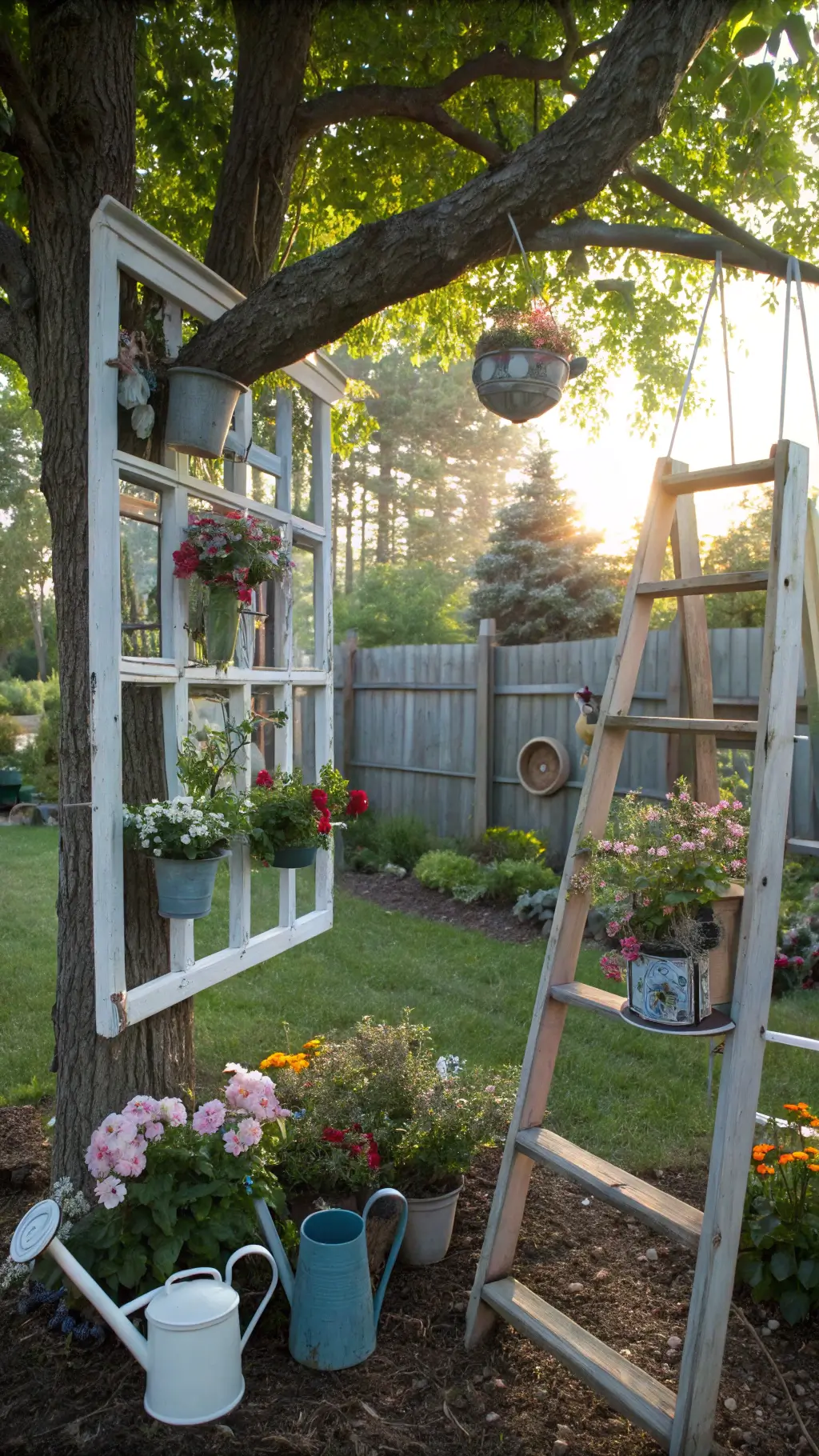 Artistic garden vignette with salvaged window frames hung from trees, painted watering cans with trailing flowers, metal sculptures, fairy gardens on vintage ladder, wind chimes in morning light