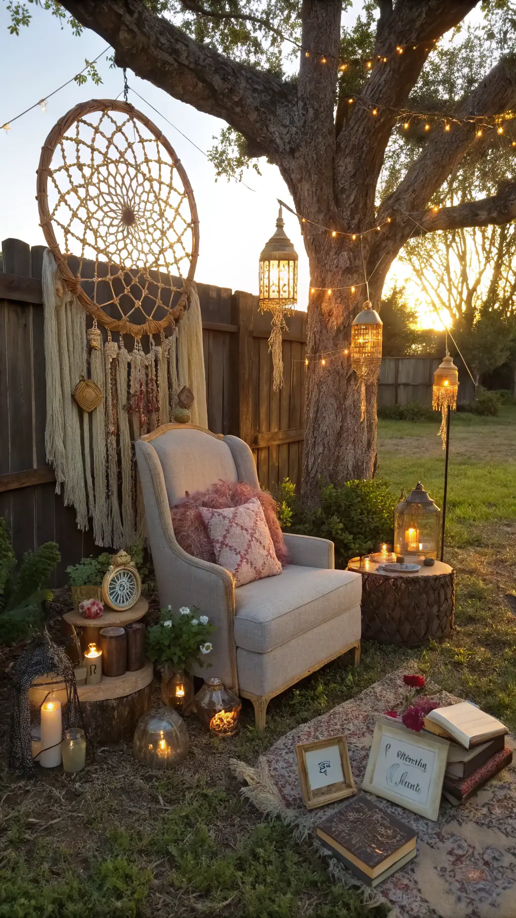 Vintage armchair in whimsical garden setting