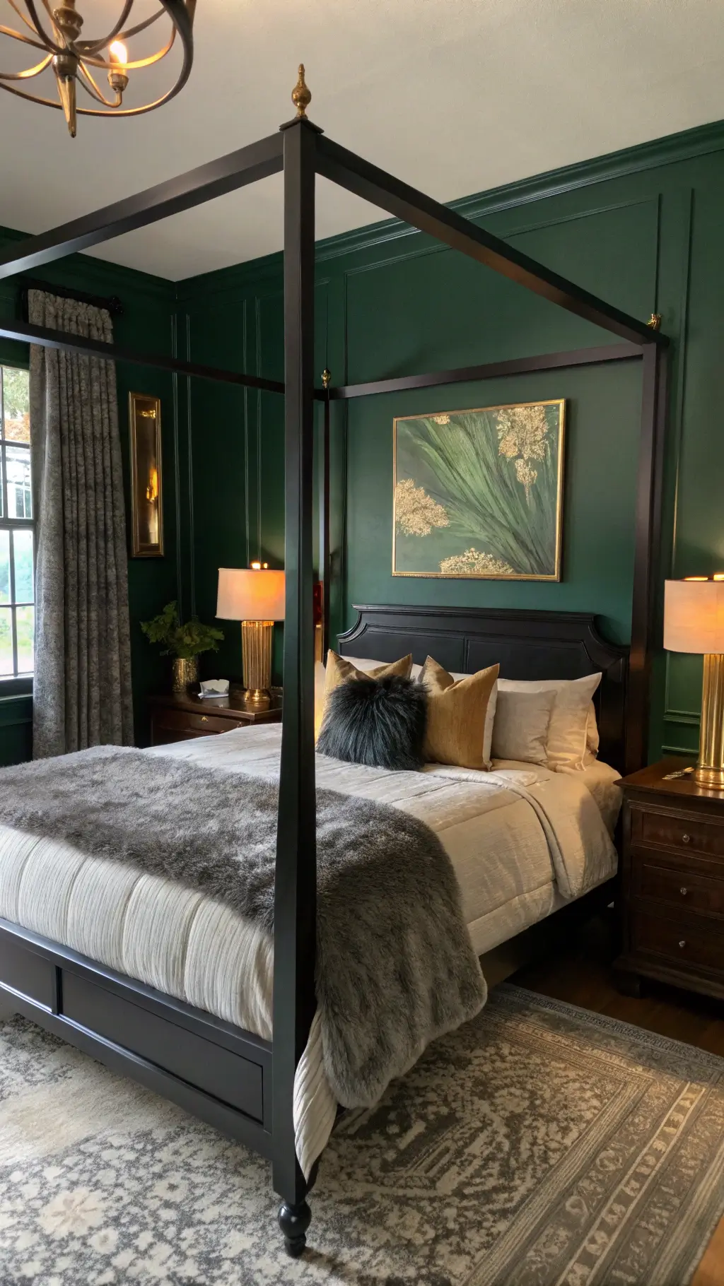 Intimate forest green bedroom with dark canopy bed, vintage brass lamps, and large abstract emerald and gold artwork.