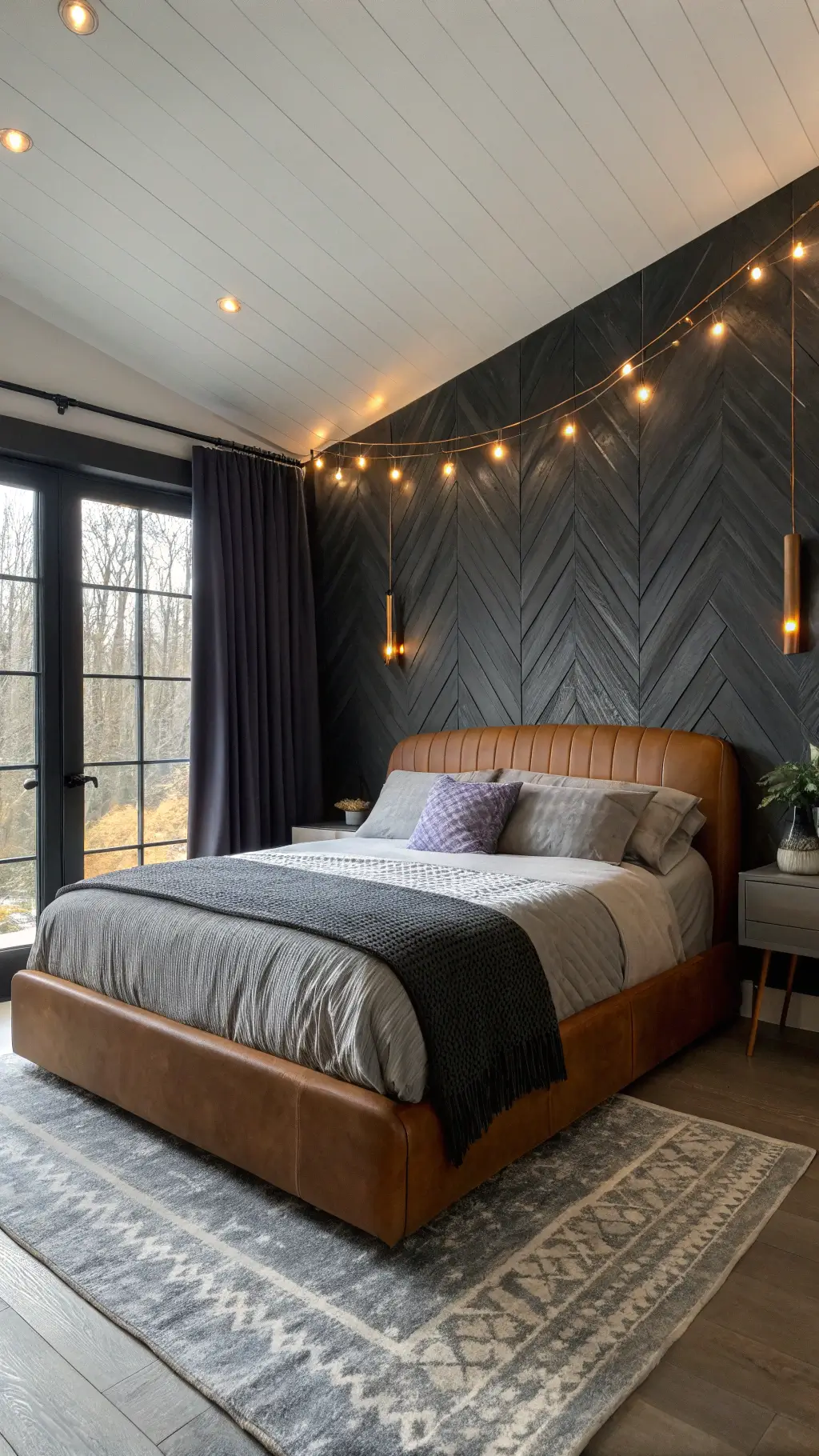 Twilight bedroom featuring charcoal grasscloth accent wall, cognac leather headboard, layered grey bedding, copper string lights, and deep purple velvet blackout curtains.