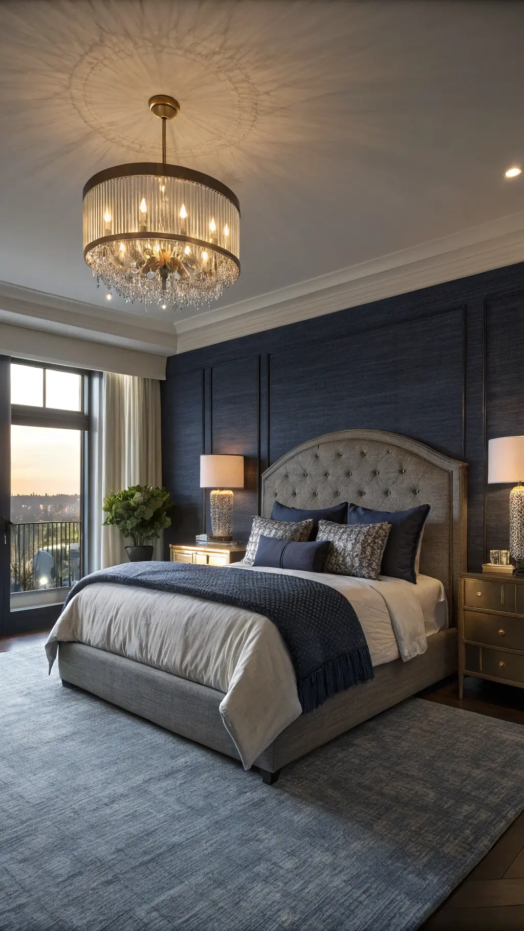 Luxurious bedroom with navy grasscloth wallpaper, king-size bed with charcoal bouclé headboard, antique brass floor lamps, and crystal chandelier under warm lighting.