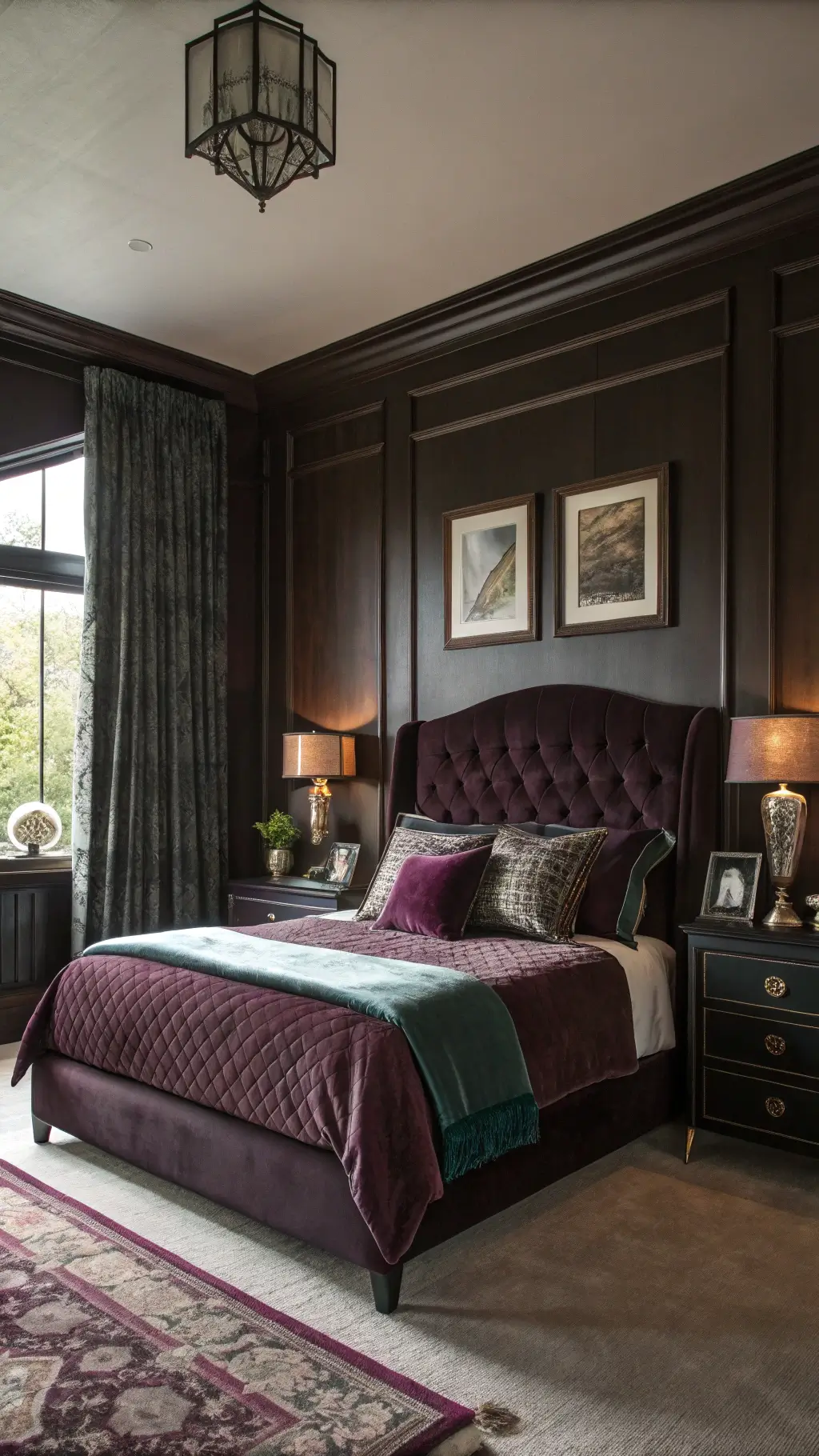 Bedroom with dark brown walls, queen bed with aubergine velvet headboard, jewel-toned bedding, vintage lamps, and dark-framed gallery wall.