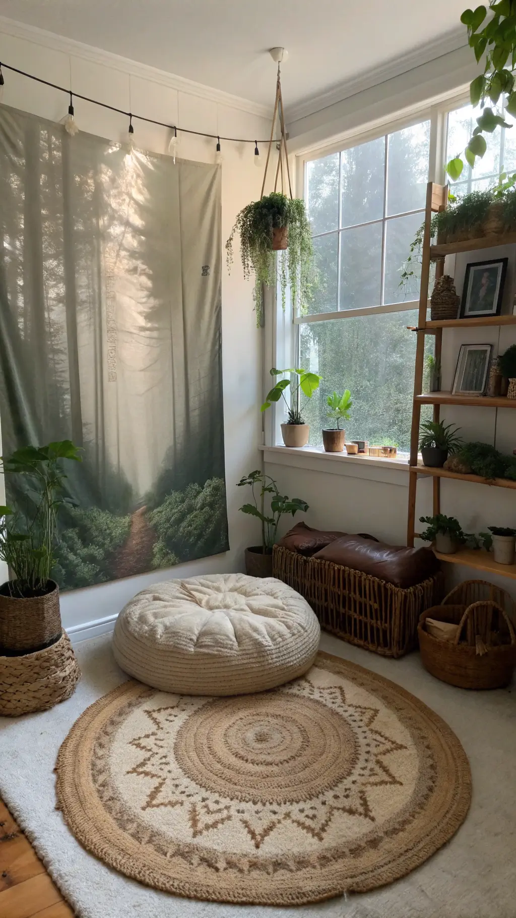 Meditation nook with forest tapestry, floor cushions, hanging plants, and natural light