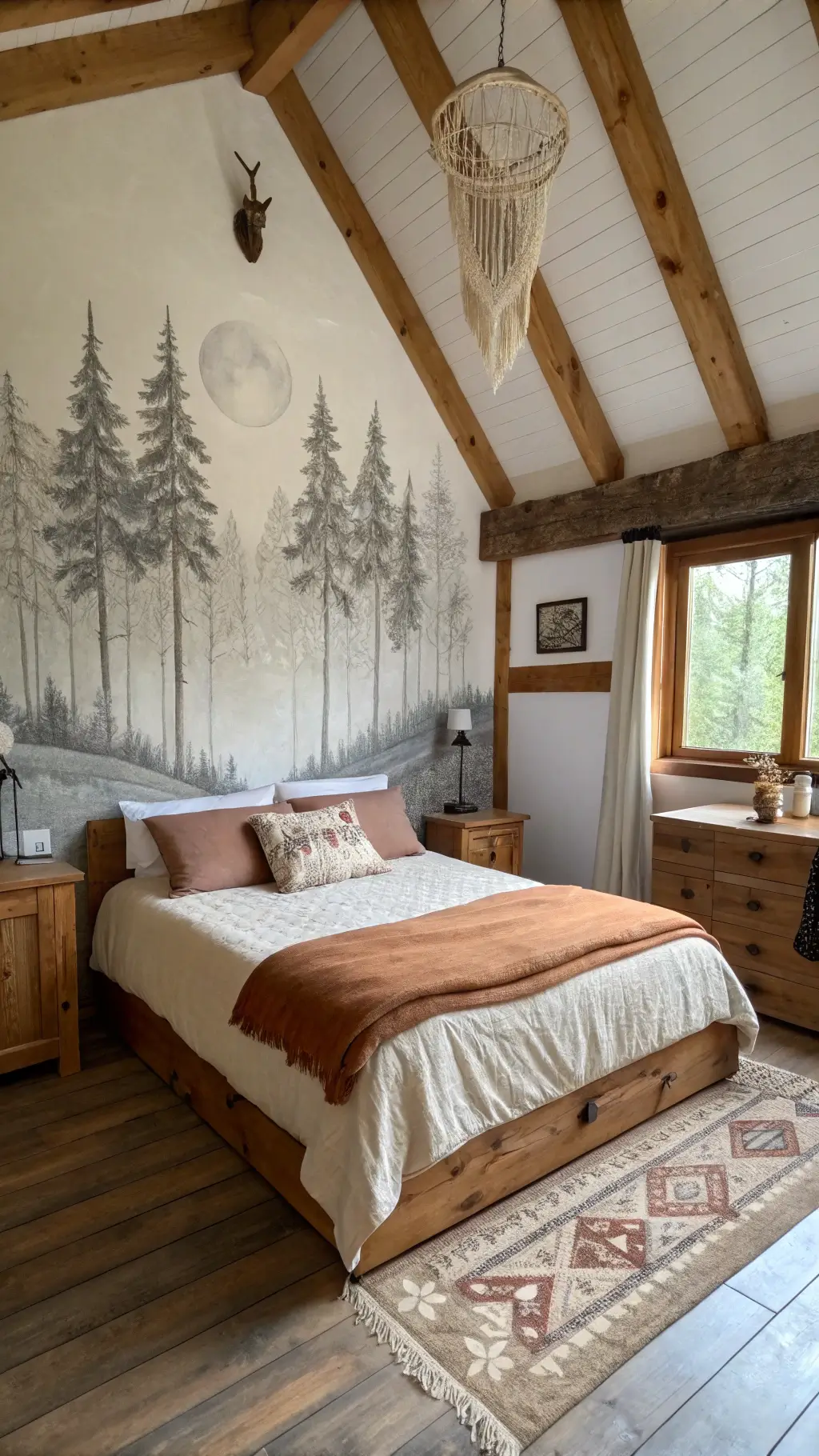 Rustic bedroom with forest mural, wooden beams, and crystals catching sunlight