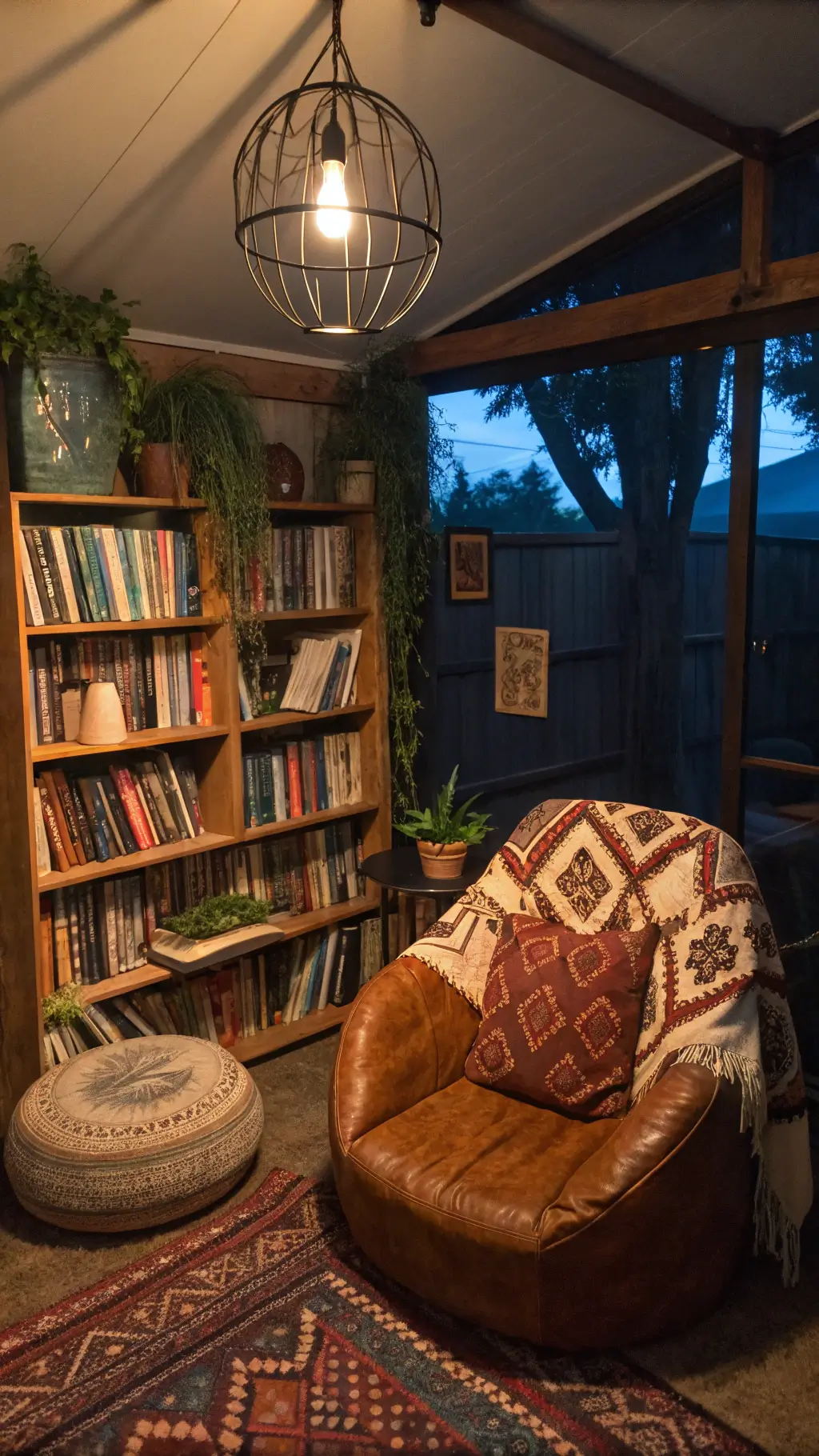 Bohemian reading nook with leather chair, tribal throws, terrariums, and Celtic metal wall art
