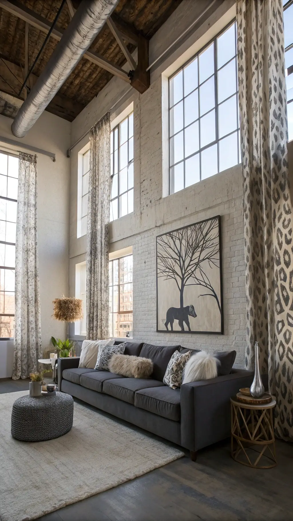 Modern loft with charcoal walls, wolf art, driftwood sculpture, and filtered daylight