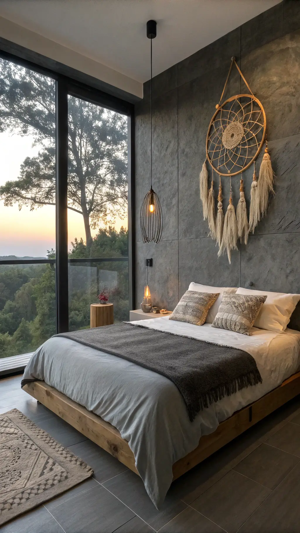 Minimalist bedroom with slate accent wall, cream linens, and dream catcher in sunset light