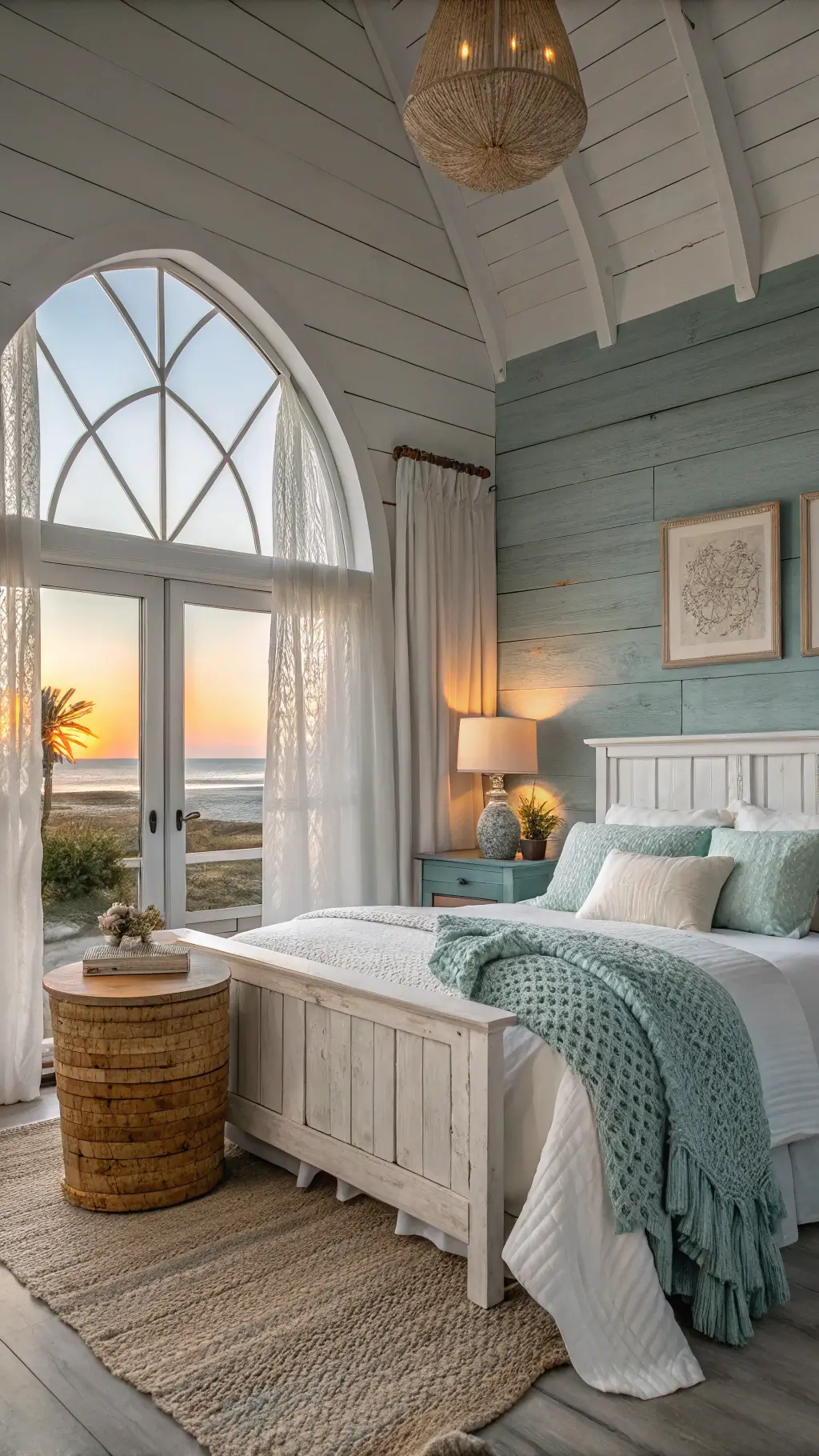 Cozy master bedroom with cathedral window, white linens, seafoam knit throw, and rattan nightstands during golden hour