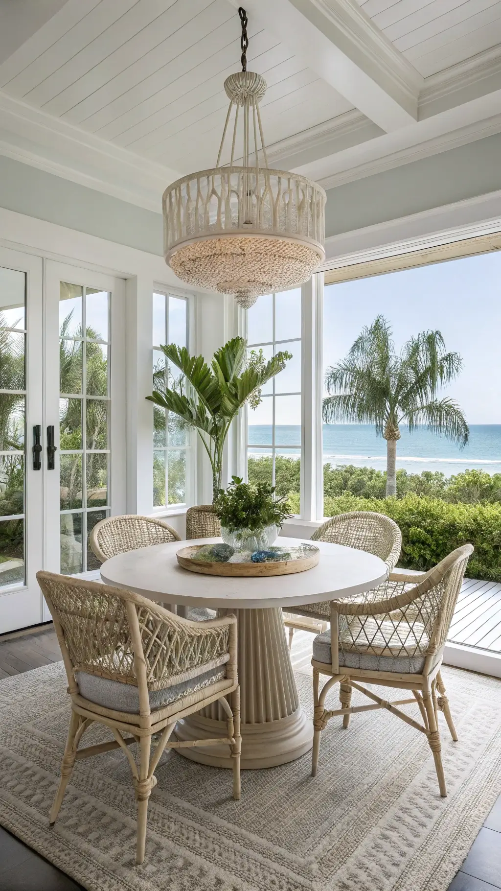 Bright coastal dining nook with round table, seascape painting, crystal chandelier, and potted palms