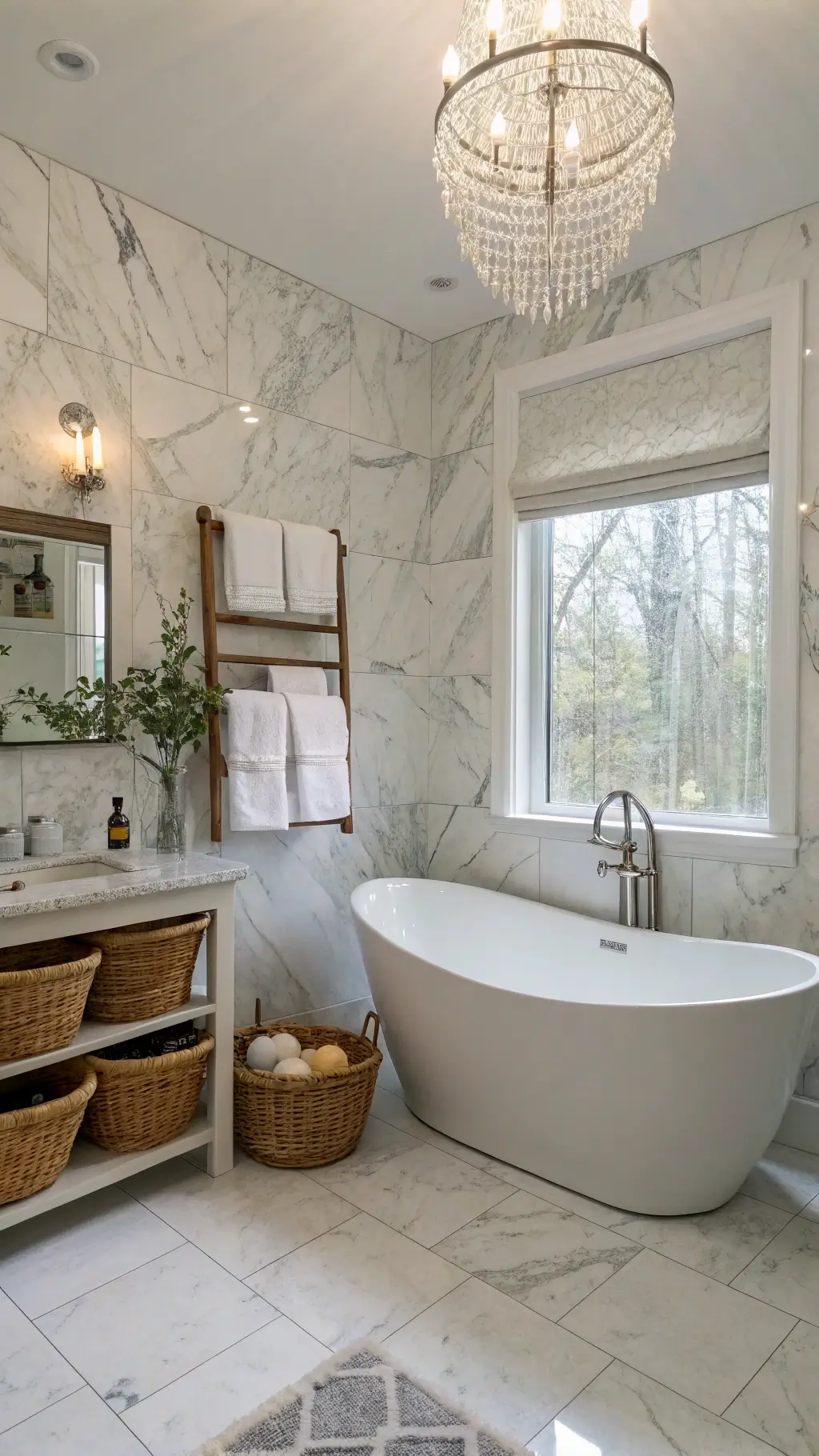 Spacious bathroom with marble tiles, freestanding tub, teak caddy, shell soaps, white towels in woven baskets, and capiz chandelier