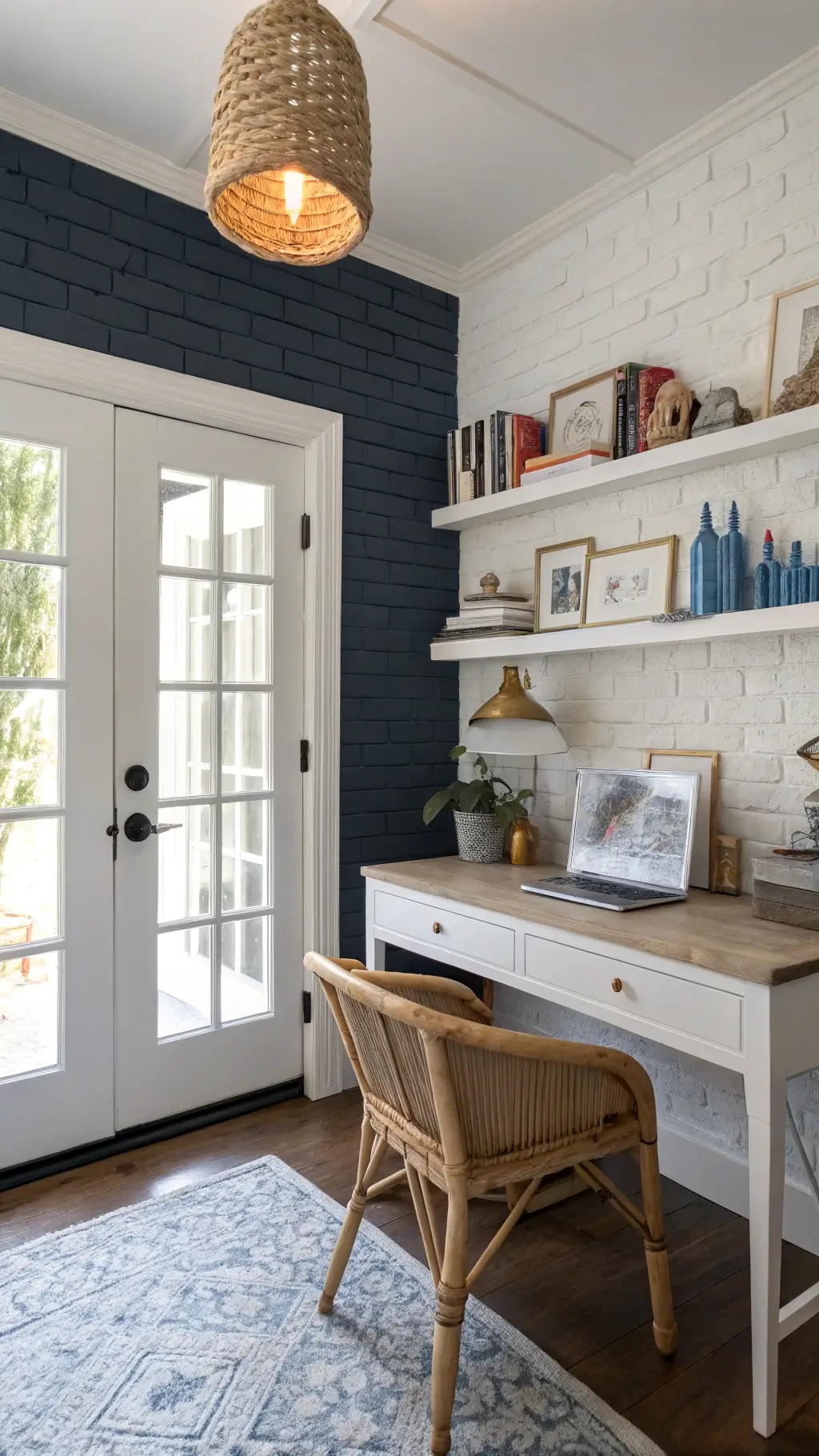 Cozy home office with white brick walls, navy accent wall, vintage desk, rattan chair, floating shelves, coral decorations, and blue glass bottles