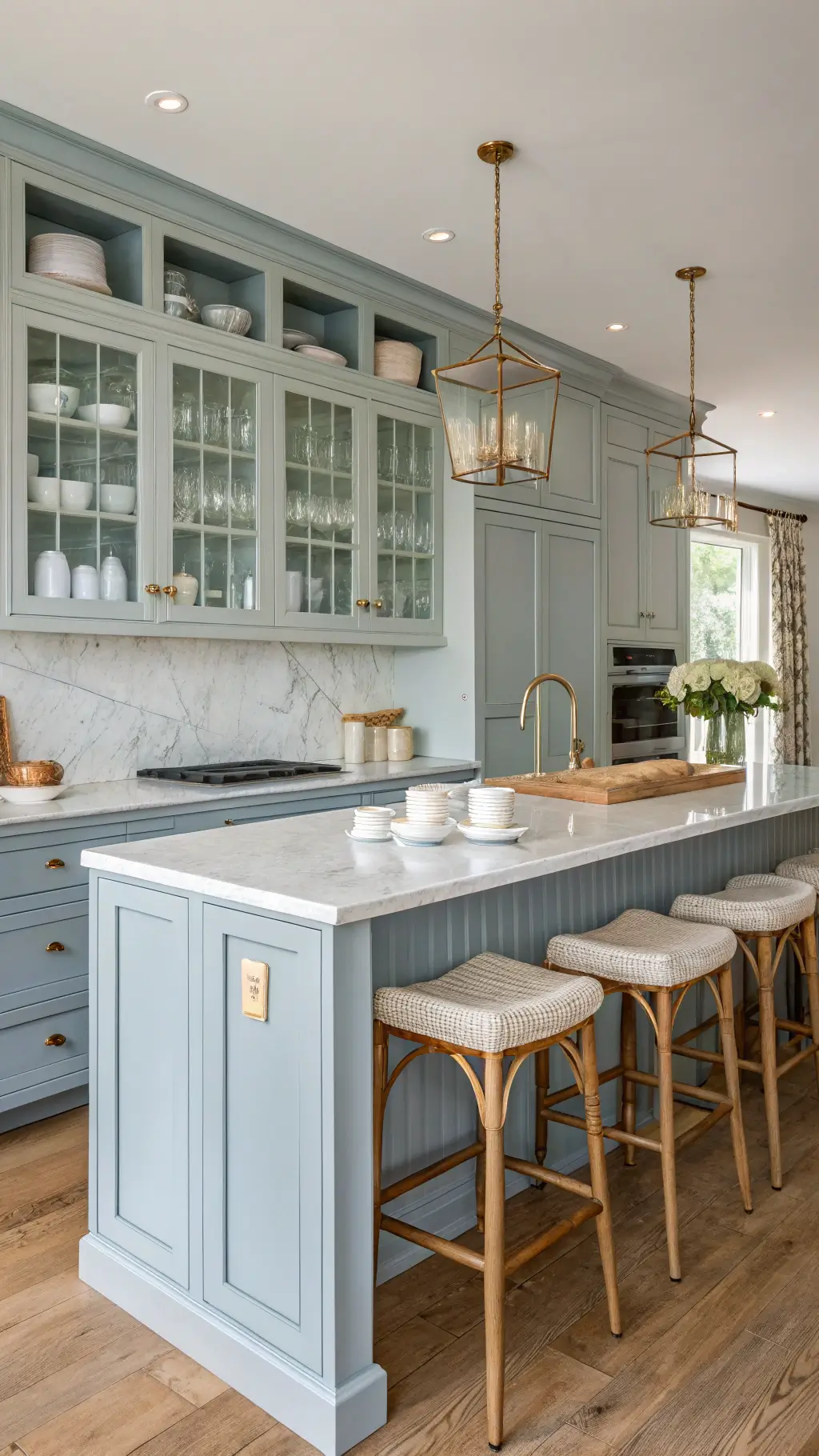 Grey-blue shaker-style kitchen with marble countertops, open shelves, large island with reclaimed wood top, rattan bar stools, and brass fittings