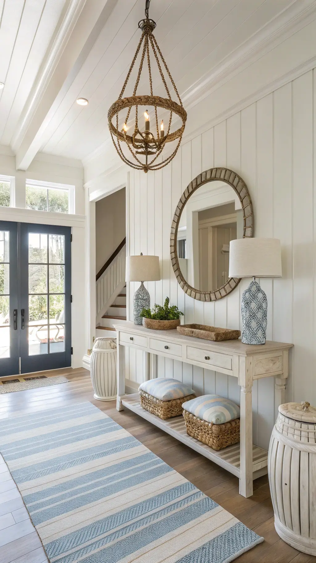 Welcoming entryway with white board and batten walls, vintage console, ceramic stools, striped blue runner, and beaded chandelier