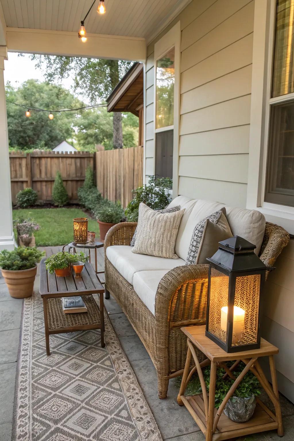 Charming small front porch with cozy seating and warm lighting