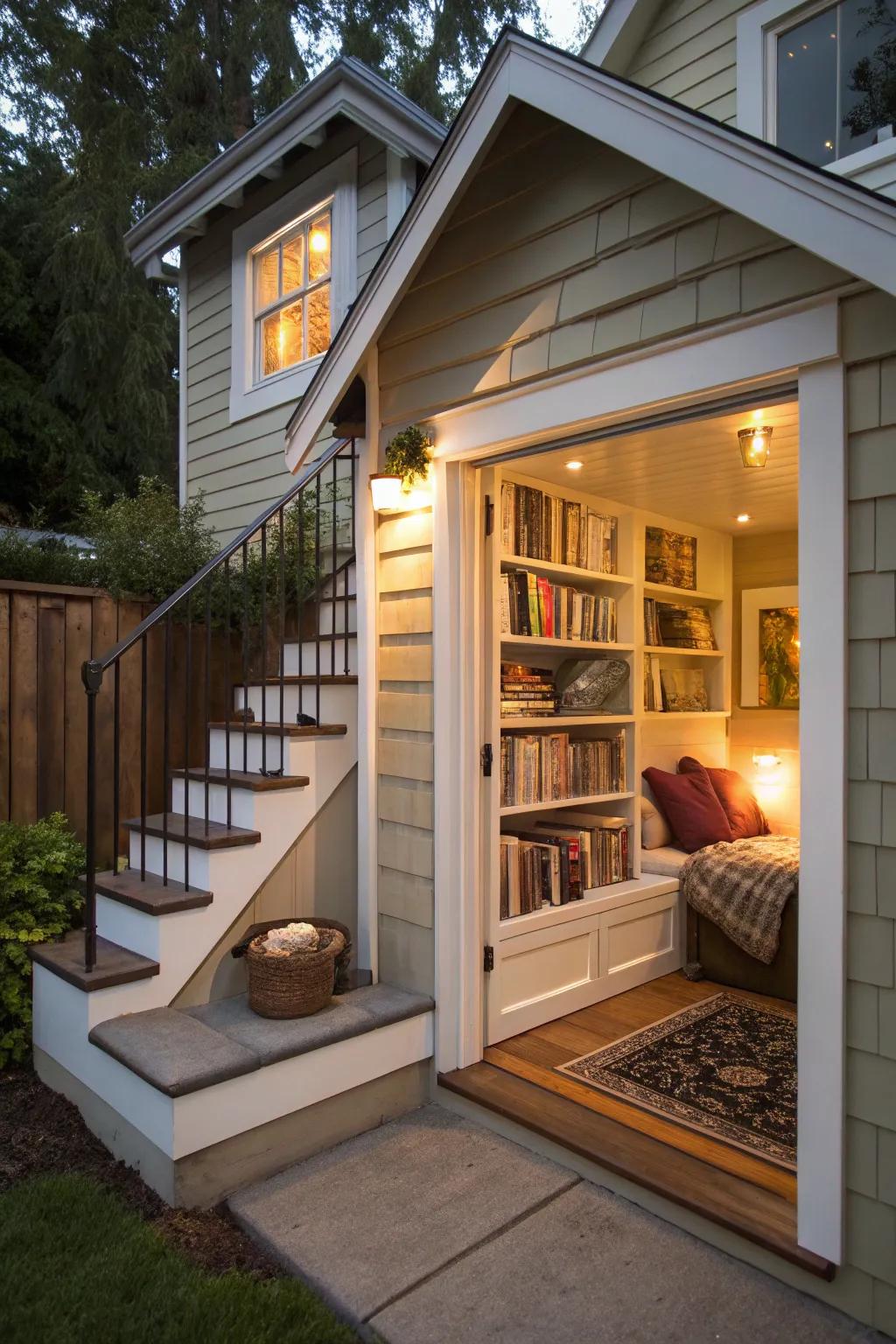 Compact home utilizing under-stair storage and a cozy reading nook