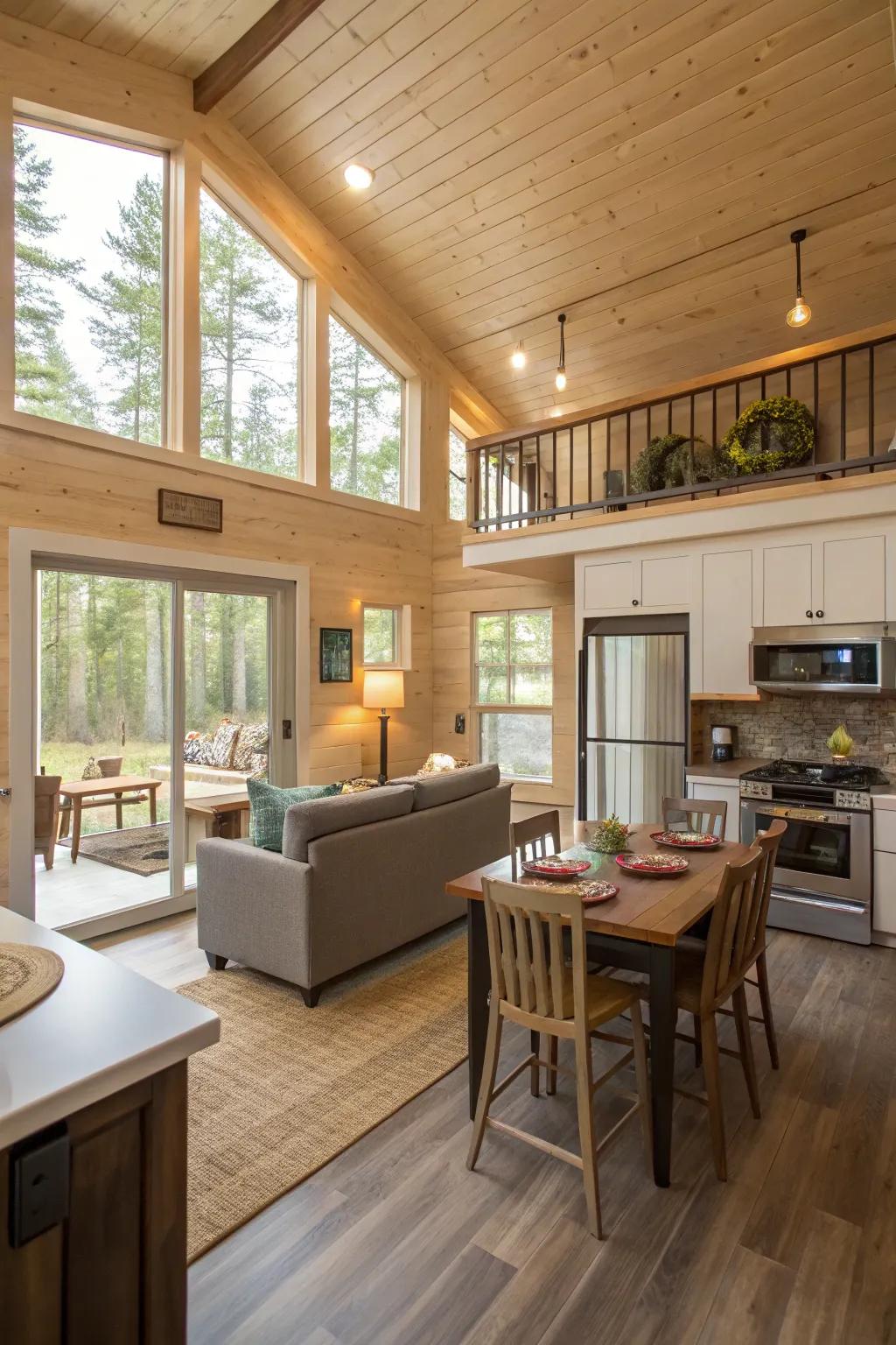 Compact home with an open floor plan connecting living, dining, and kitchen areas