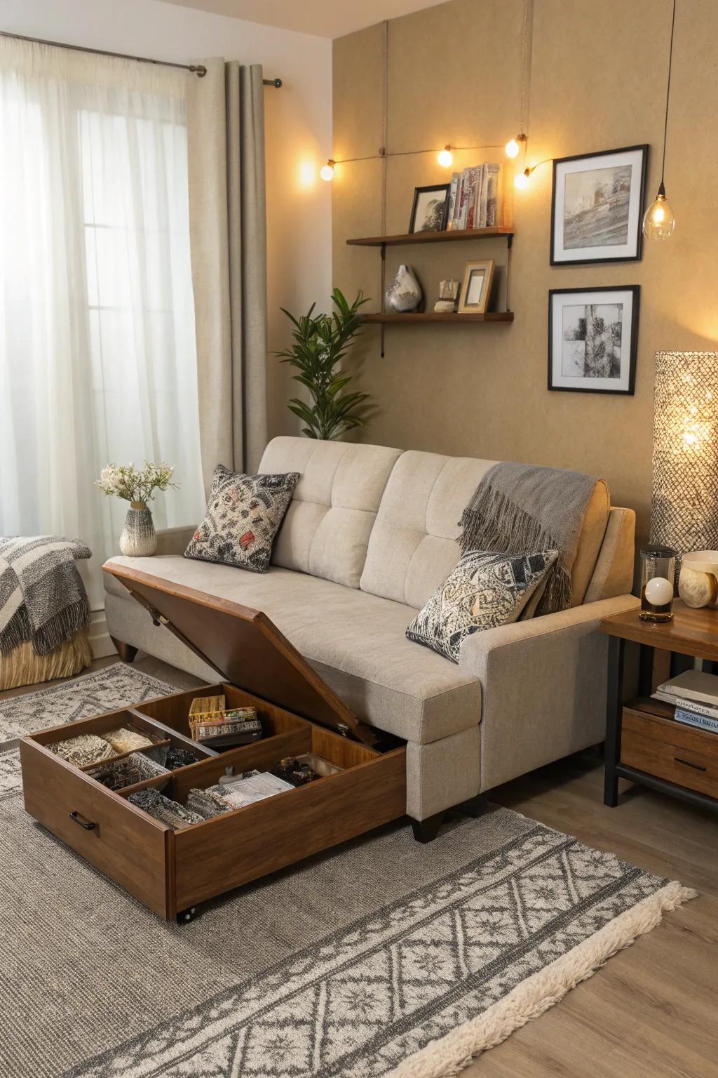 Stylish sleeper sofa and storage coffee table in a small living room