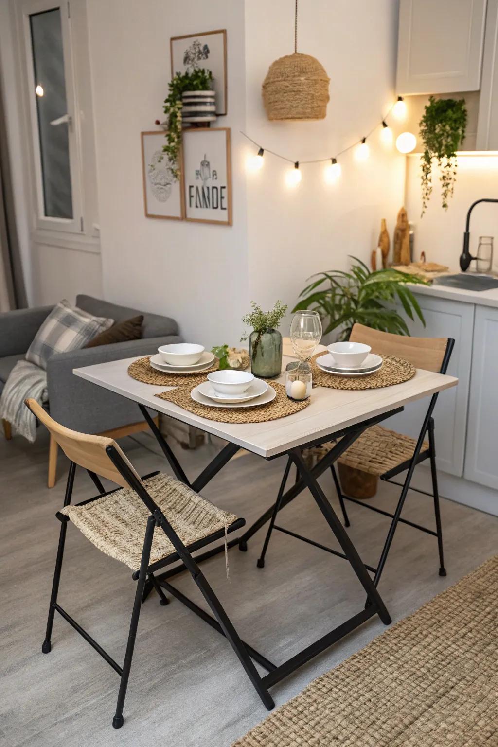 Compact dining area with a foldable table for flexible use
