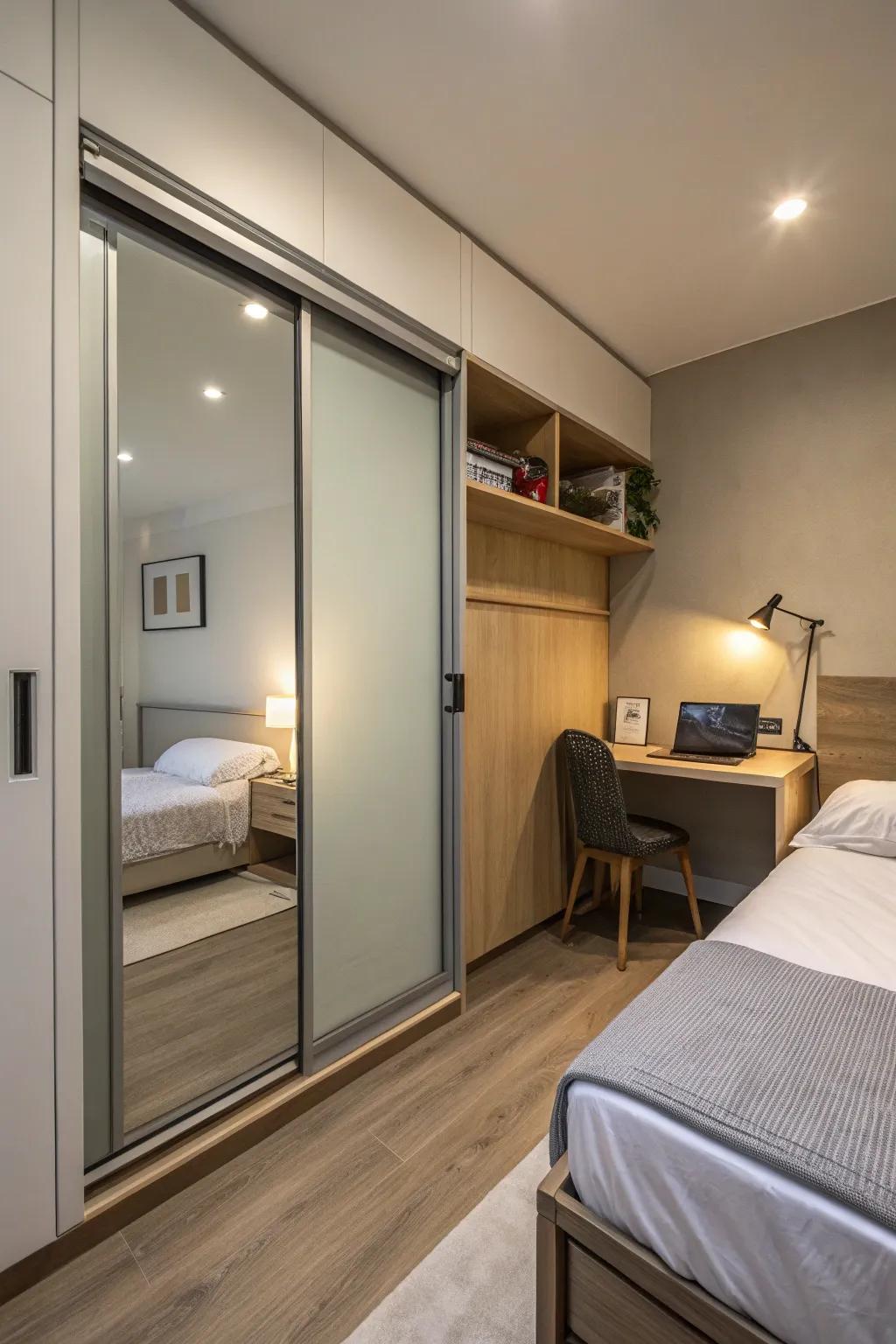 Sleek sliding door in a small bedroom optimizing space