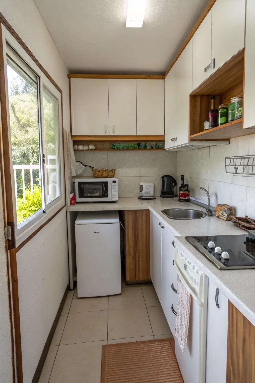 Compact kitchen layout featuring space-saving appliances