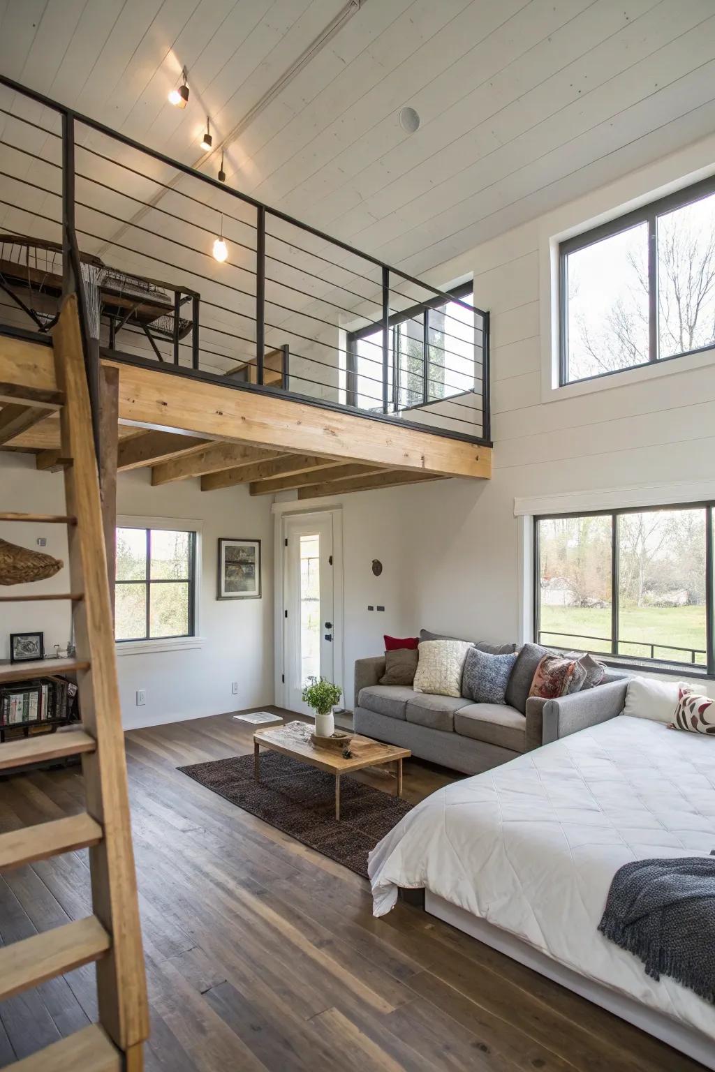 Loft bedroom overlooking a cozy living area in a small urban home