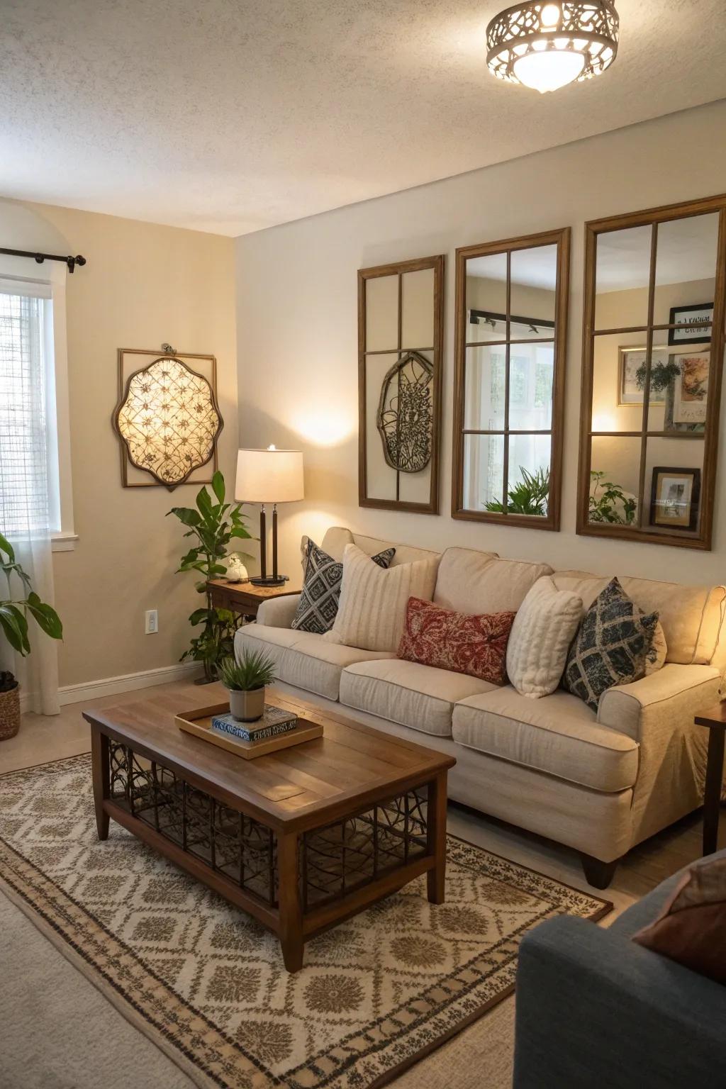 Strategically placed mirrors enhancing light and space in a small living room