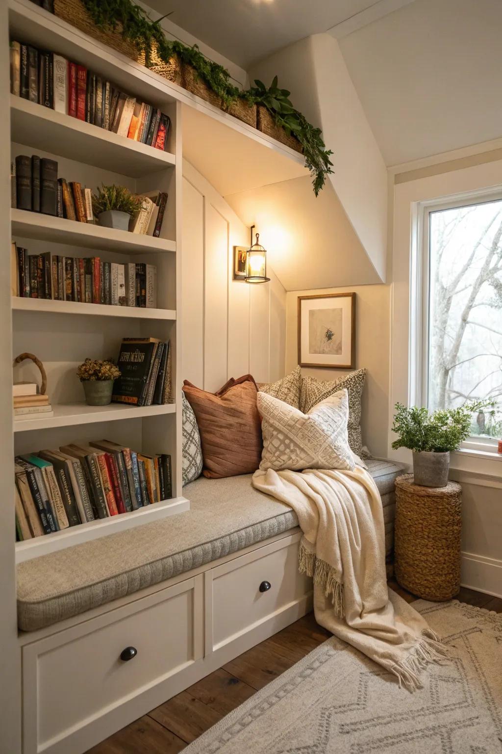 Inviting reading nook with built-in seating in a small corner