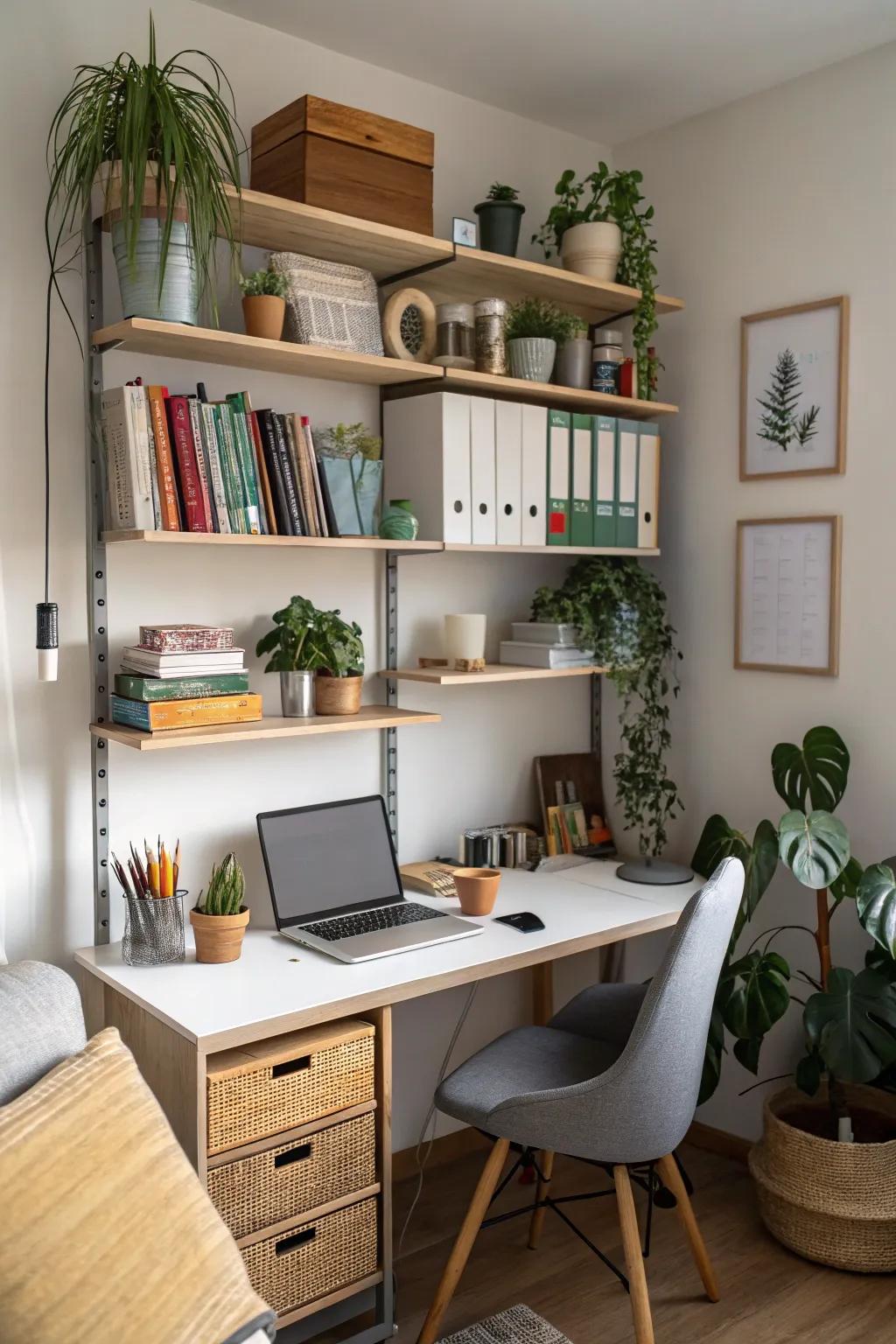 Small home office making use of vertical shelving