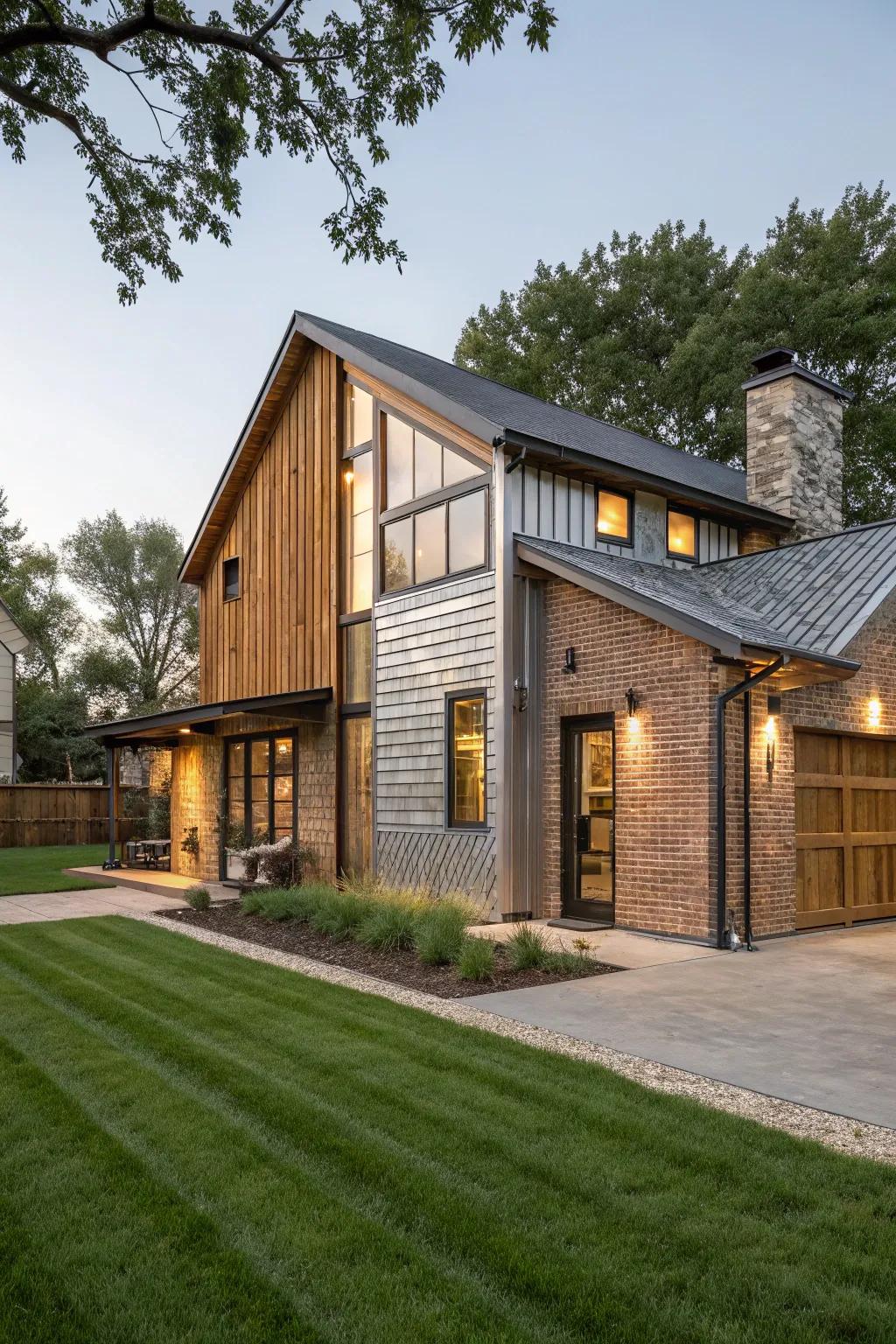 Creative facade combining unexpected materials.