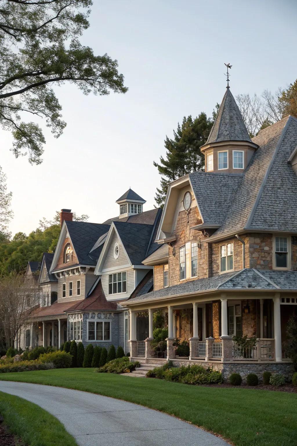 Intricate rooflines creating architectural depth.