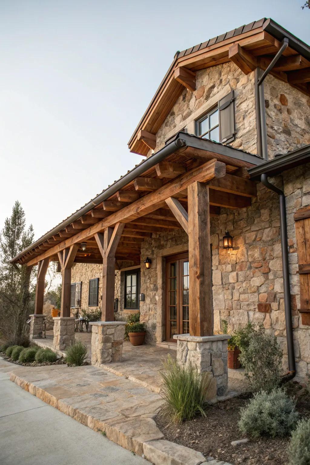 Rustic home featuring wood and stone accents.