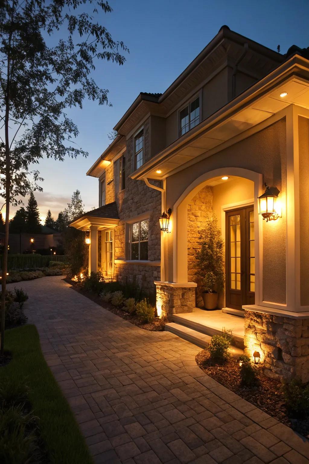 Warm exterior lighting accentuating design elements.