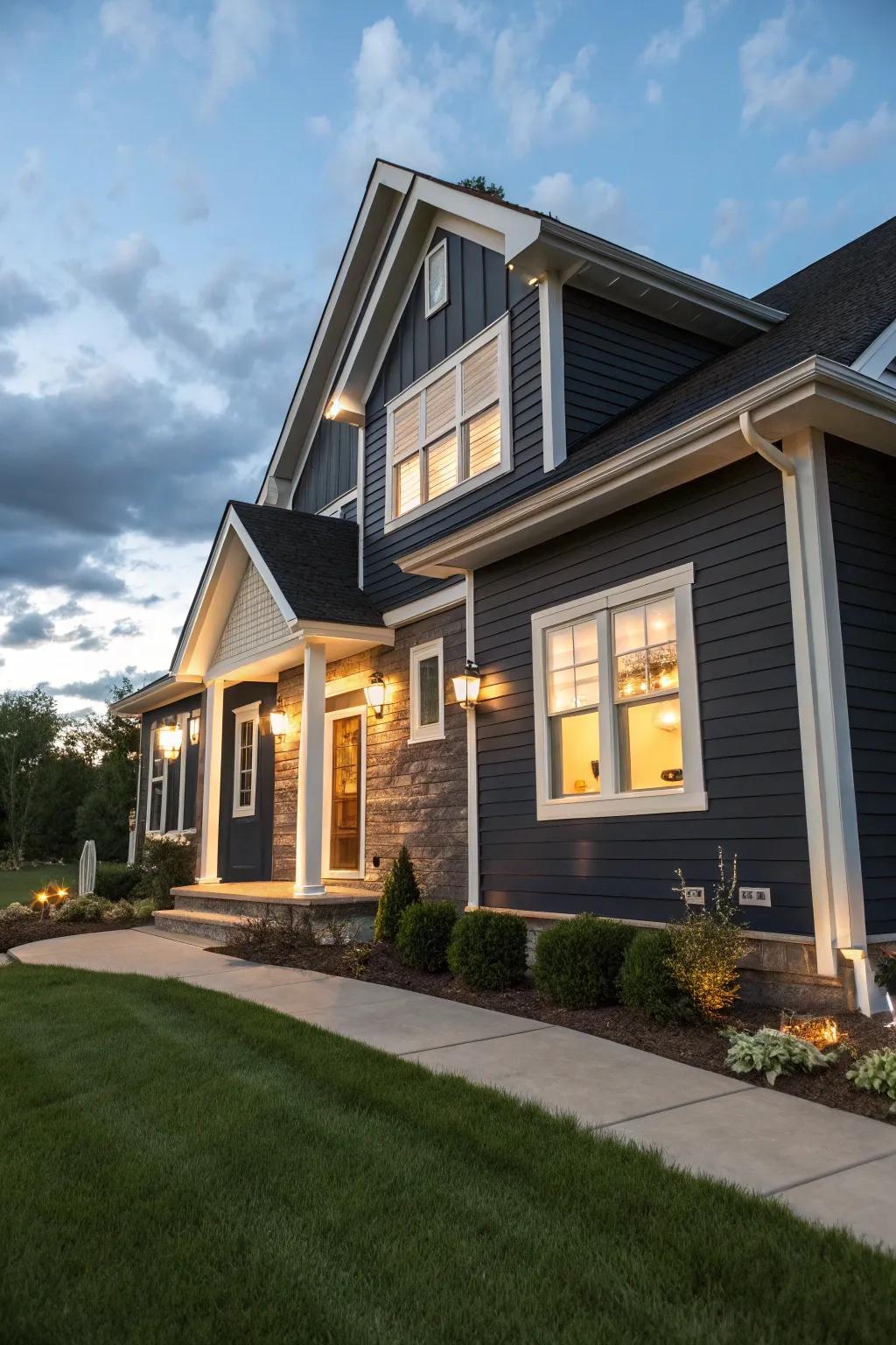 Dynamic exterior with contrasting siding and trim.