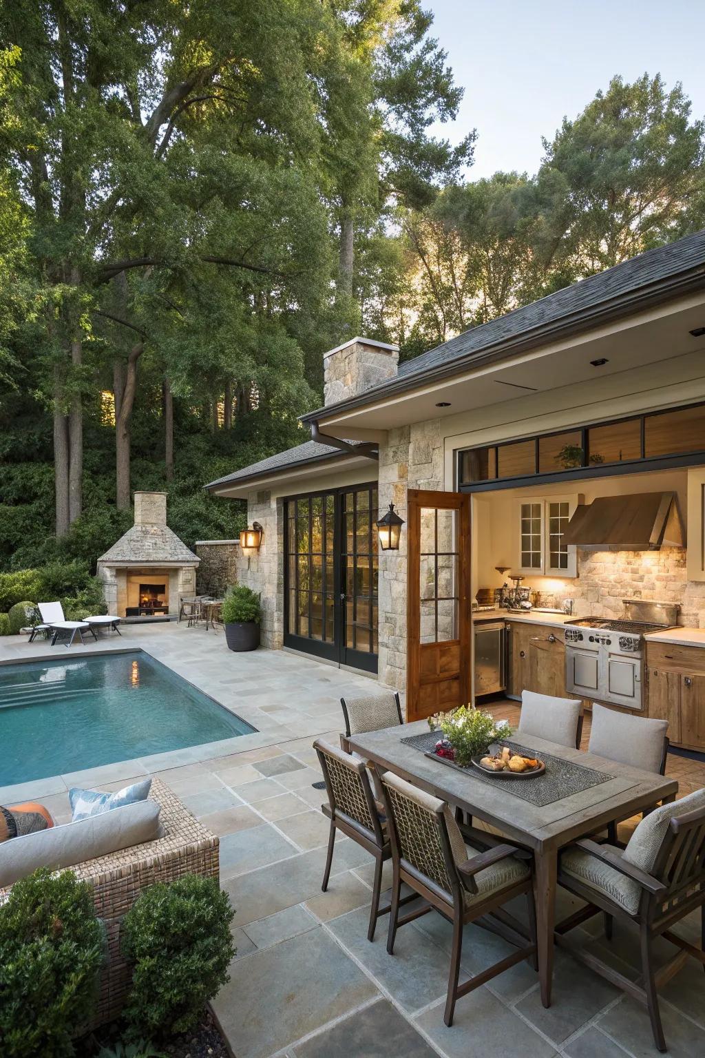 Luxurious outdoor living space with a pool house.