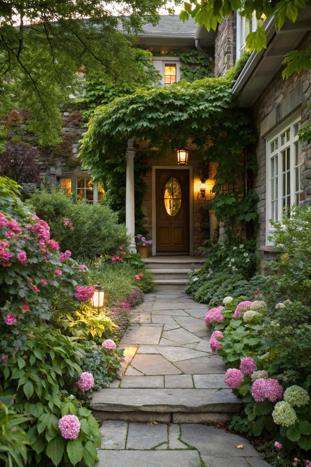Inviting home entrance with lush landscaping.