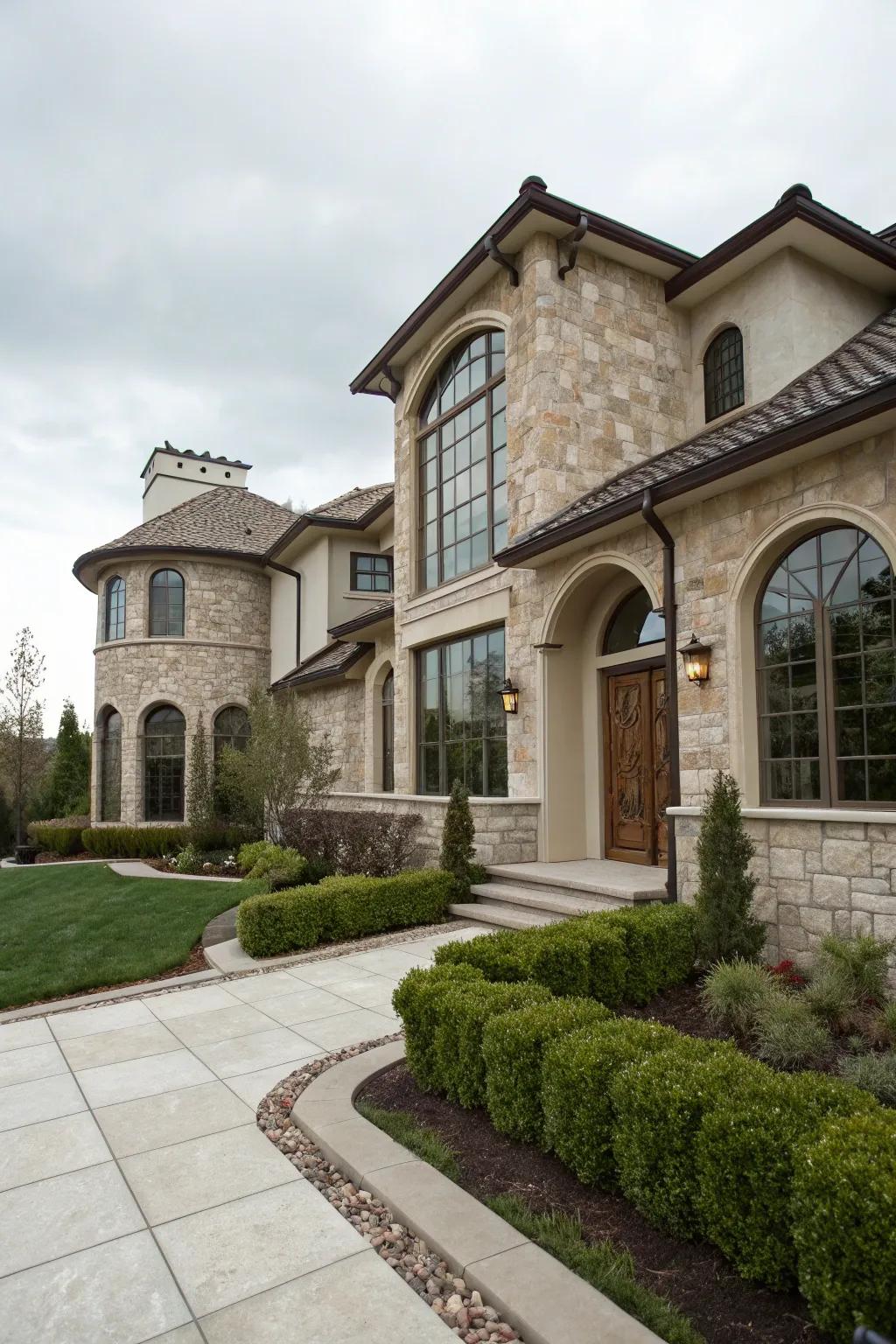 Modern European home blending stone and stucco.