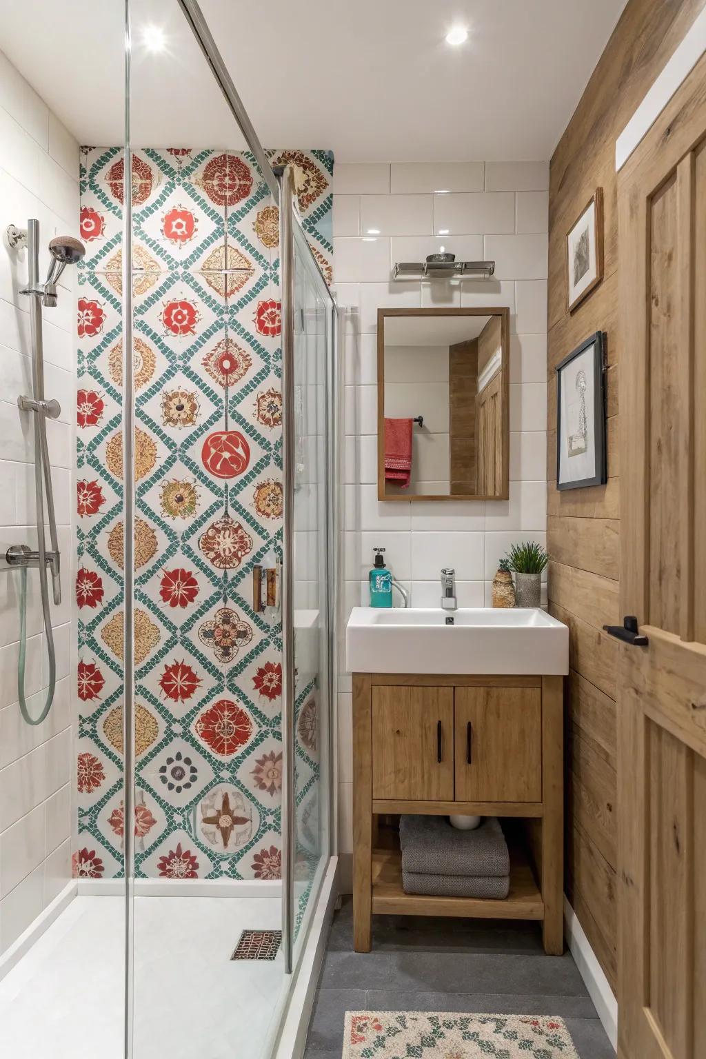 A statement wall adds depth and visual interest to a small bathroom.