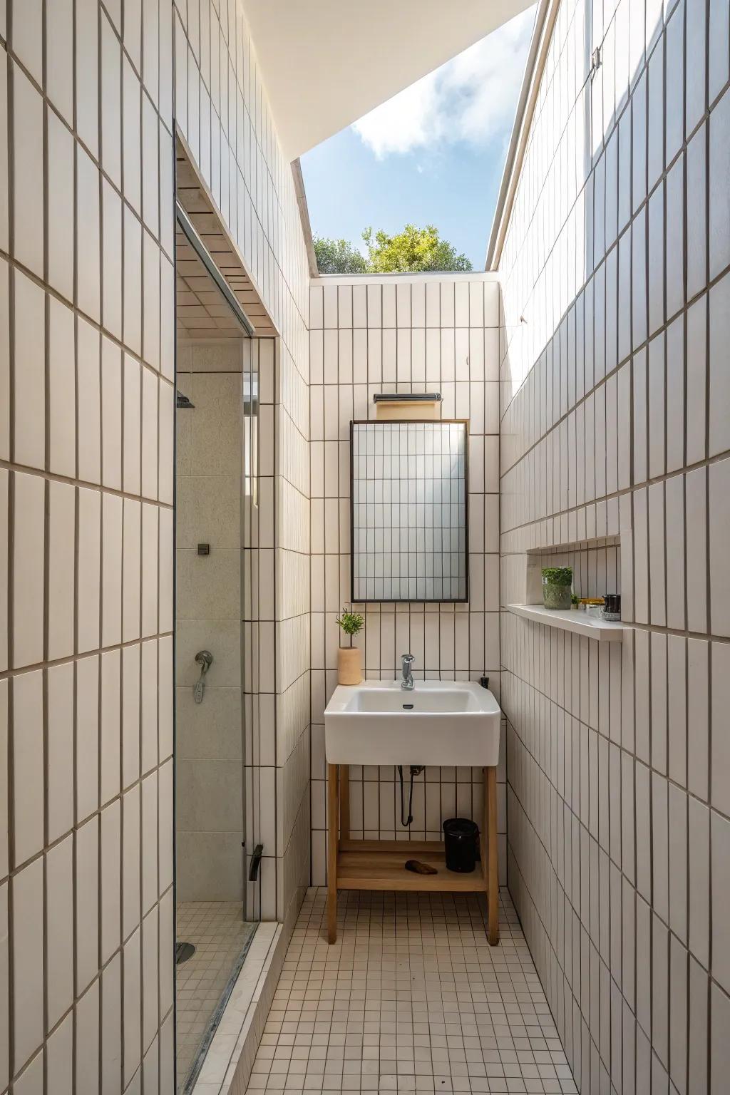 Vertical tiles create the illusion of taller ceilings in small bathrooms.