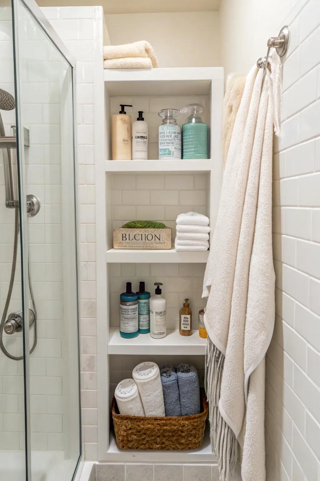 Built-in niches keep shower essentials organized and accessible.