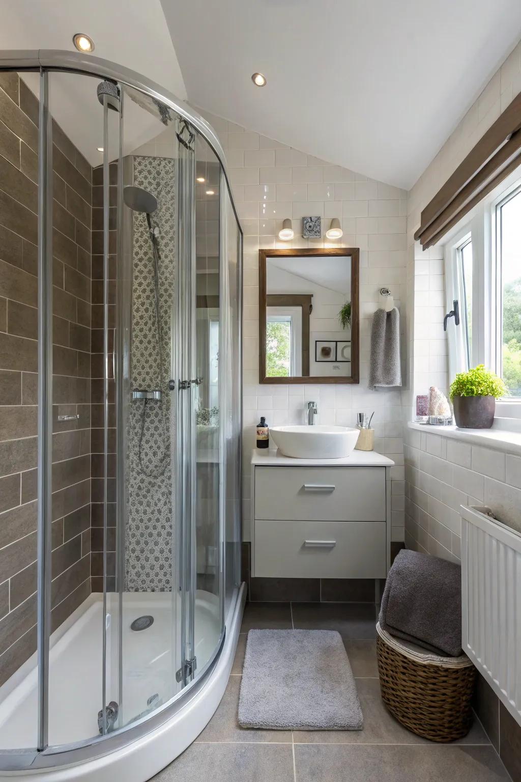 Curved shower enclosures create smooth transitions in small bathrooms.