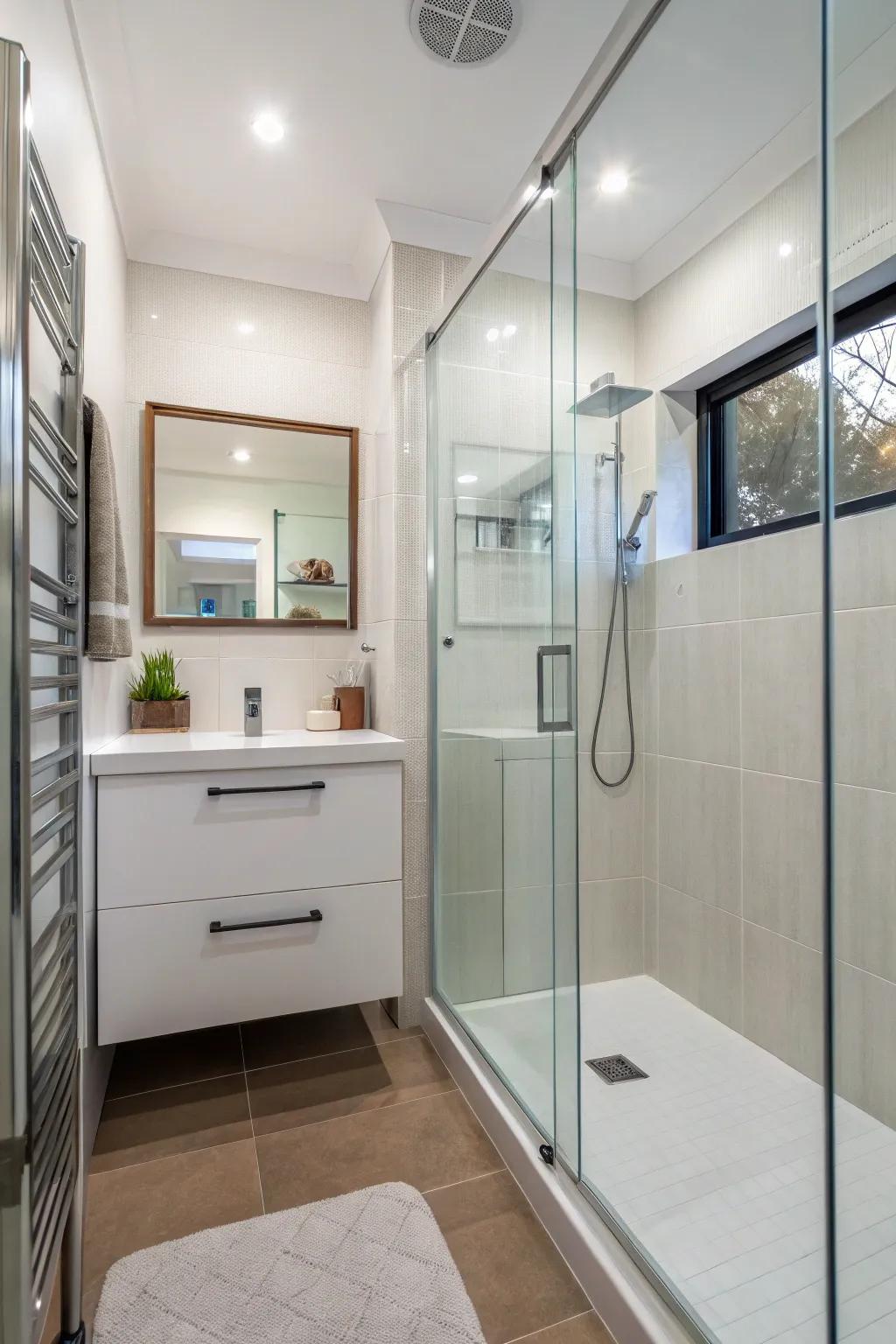 Walk-in showers with glass doors make small bathrooms feel open and airy.