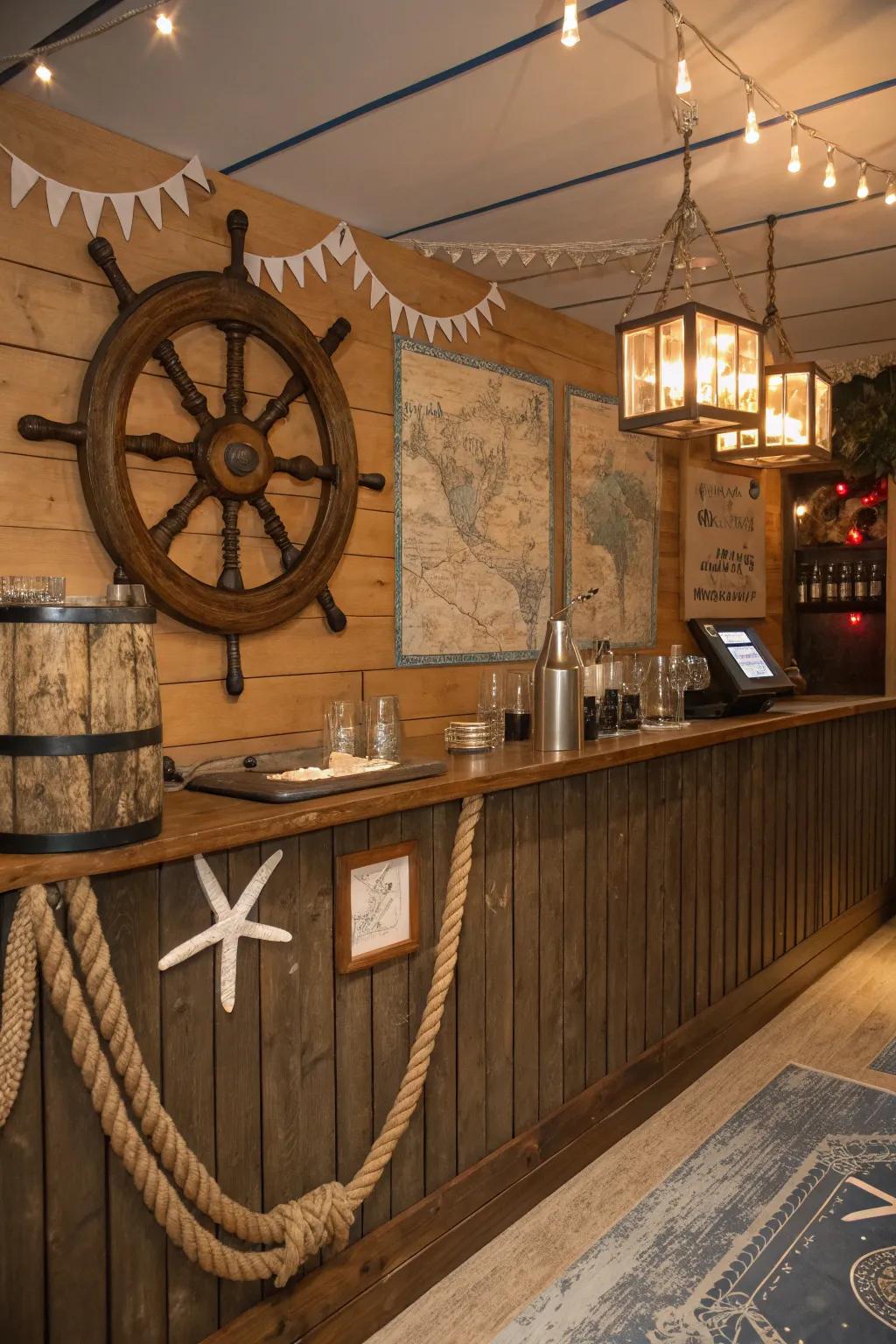 Set sail with a nautical-themed bar in your man cave.