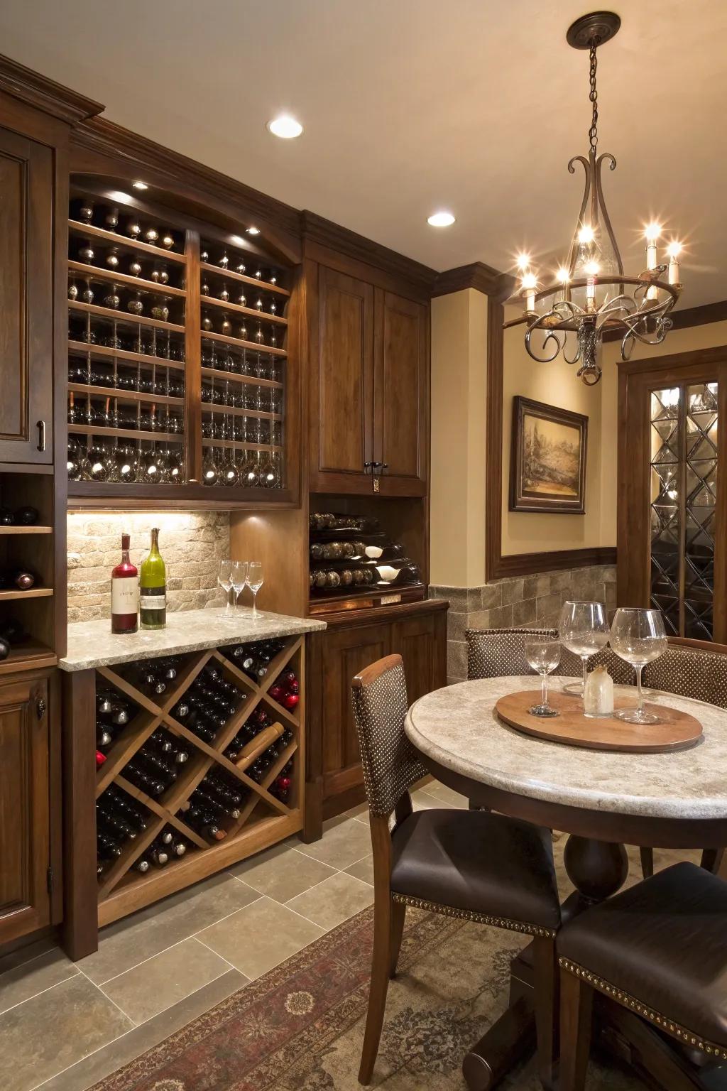 Blend elegance and comfort in a wine cellar nook.