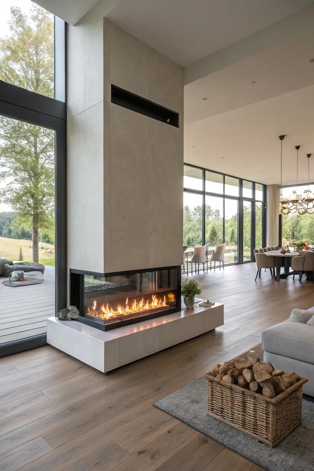 An electric fireplace doubling as a room divider in an open-plan living space.