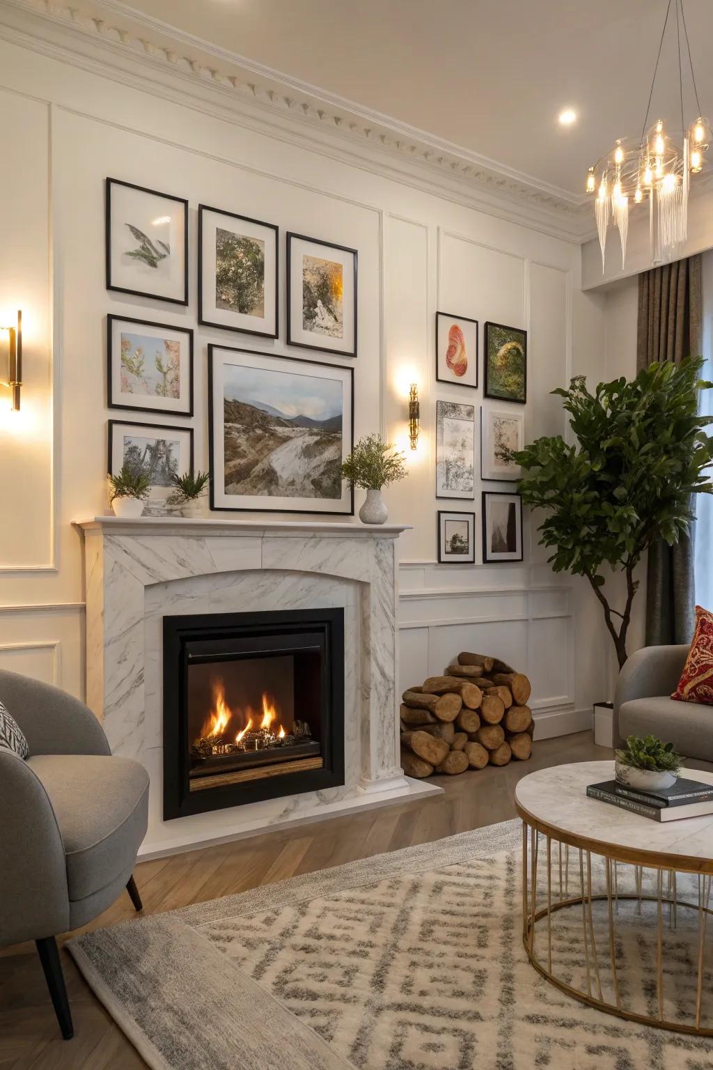 An electric fireplace surrounded by curated artwork in a chic living room.