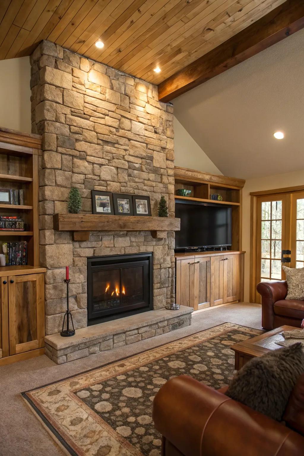 A rustic living room with a stone-accented electric fireplace and warm wooden details.